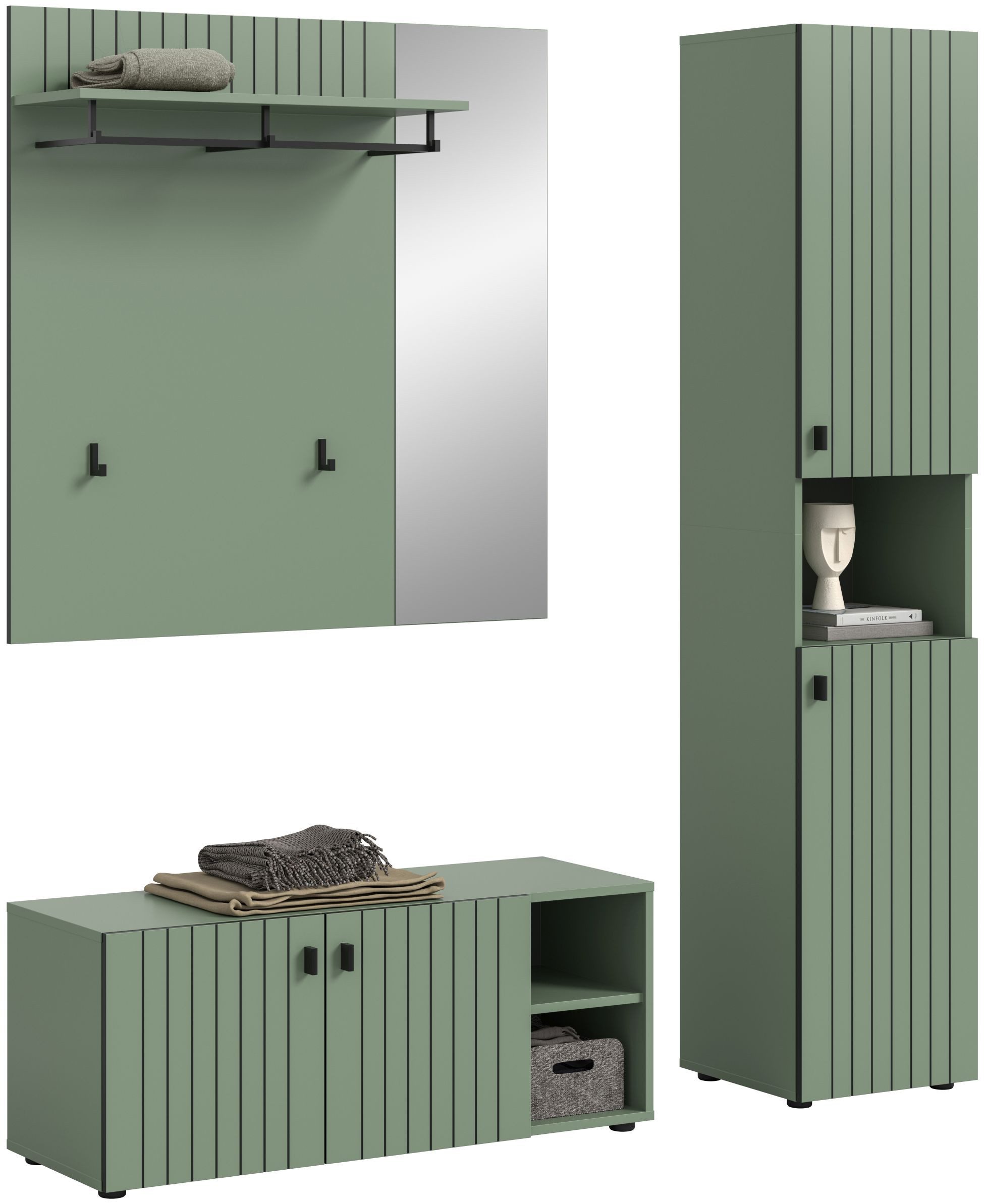 xonox.home Garderoben-Set, (3-tlg. Garderobensitzbank, Garderobenpaneel & Garderobenschrank), in Smoke Green Nachbildung B/H/T ca.: 161/192/37 cm