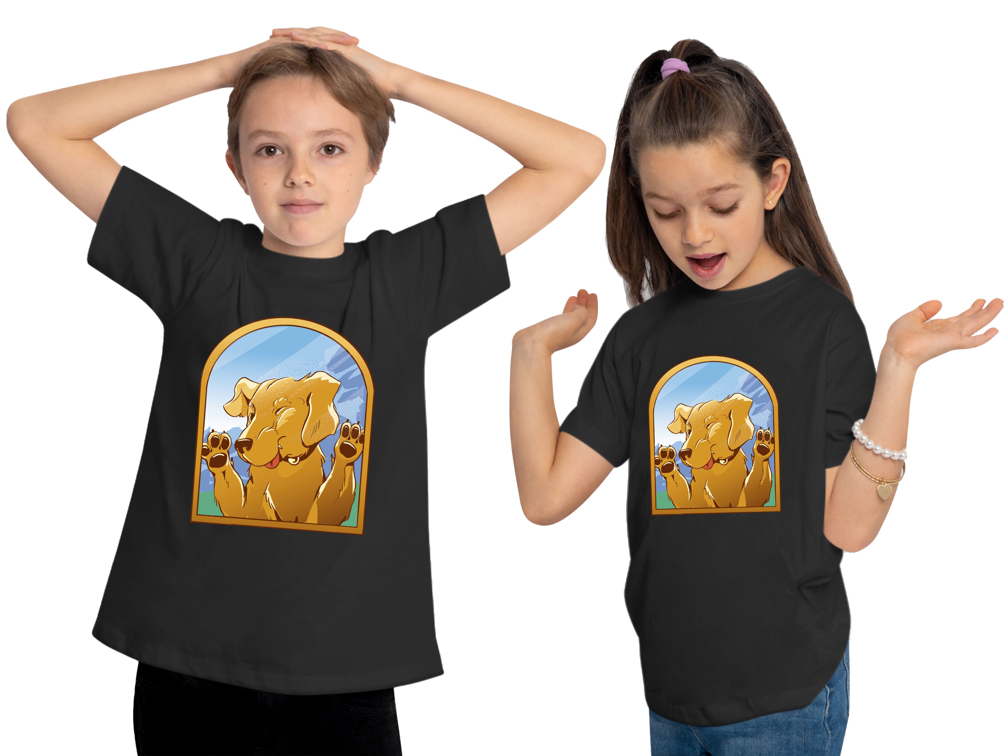 MyDesign24 Print-Shirt bedrucktes Kinder Hunde Labrador T-Shirt - i222 Fenster schwarz Baumwollshirt mit Aufdruck, gegen