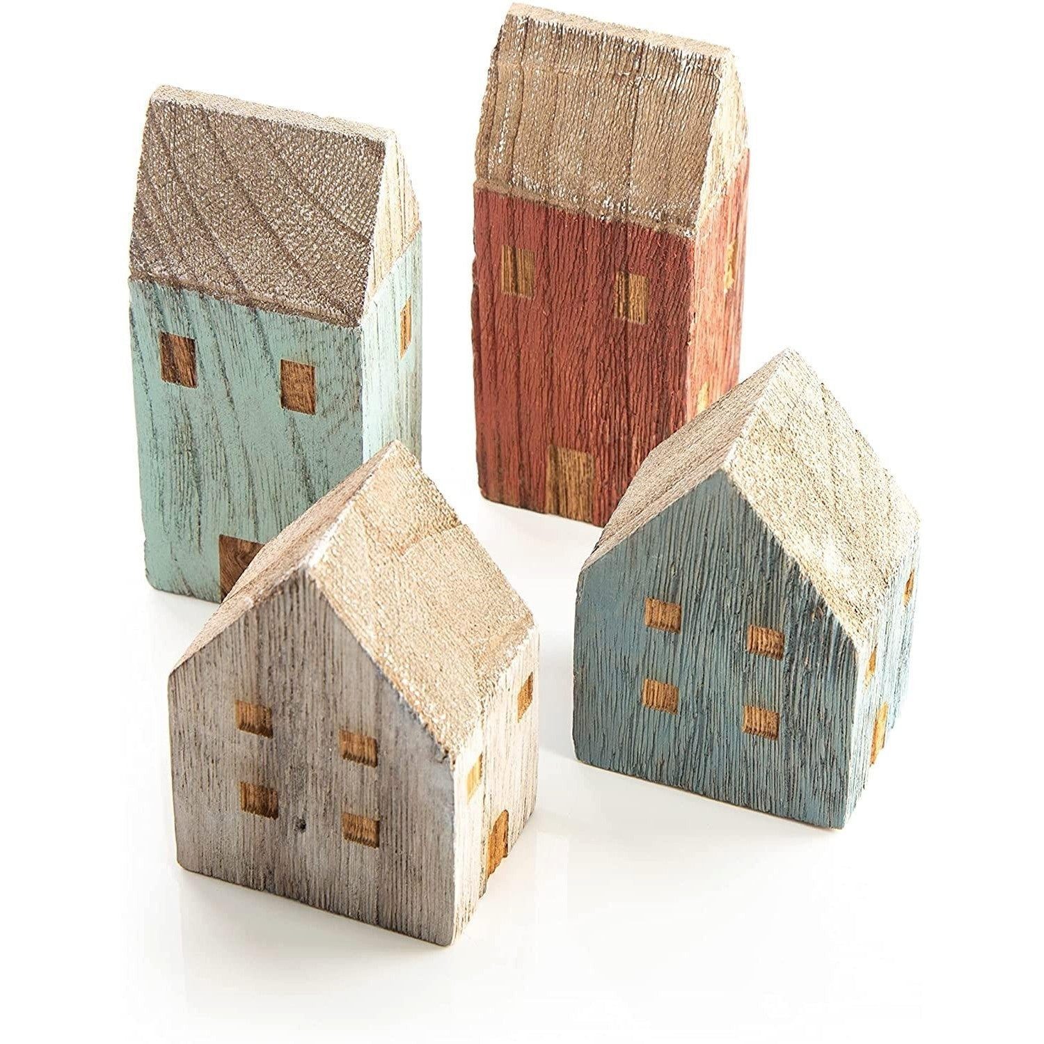 Logbuch-Verlag Dekofigur 4 kleine Häuschen aus Holz - Haus Figuren blau rot Natur