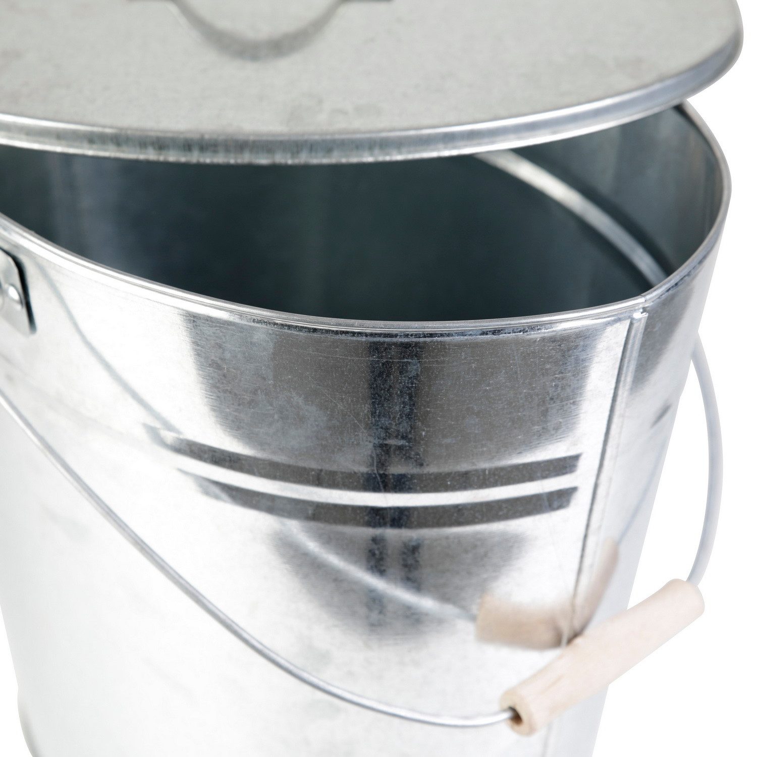 Kamino Flam Mülleimer Ascheeimer Mehrzweckeimer Eimer verzinkt mit Deckel und Henkelgriff, hitzebeständiges Material, wärmeisolierter Holzgriff