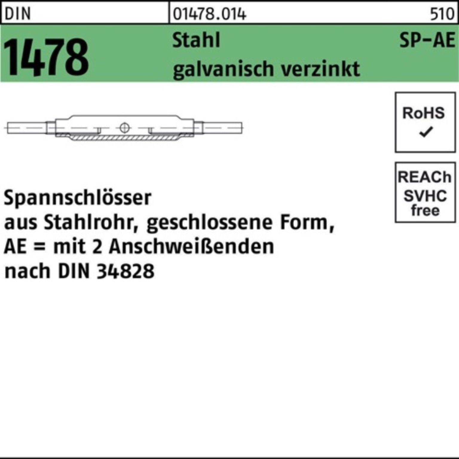 Reyher Spannschloss 100er Pack Spannschloss DIN 1478 geschlossen SP-AE M8 Stahl 3.6 galv.v