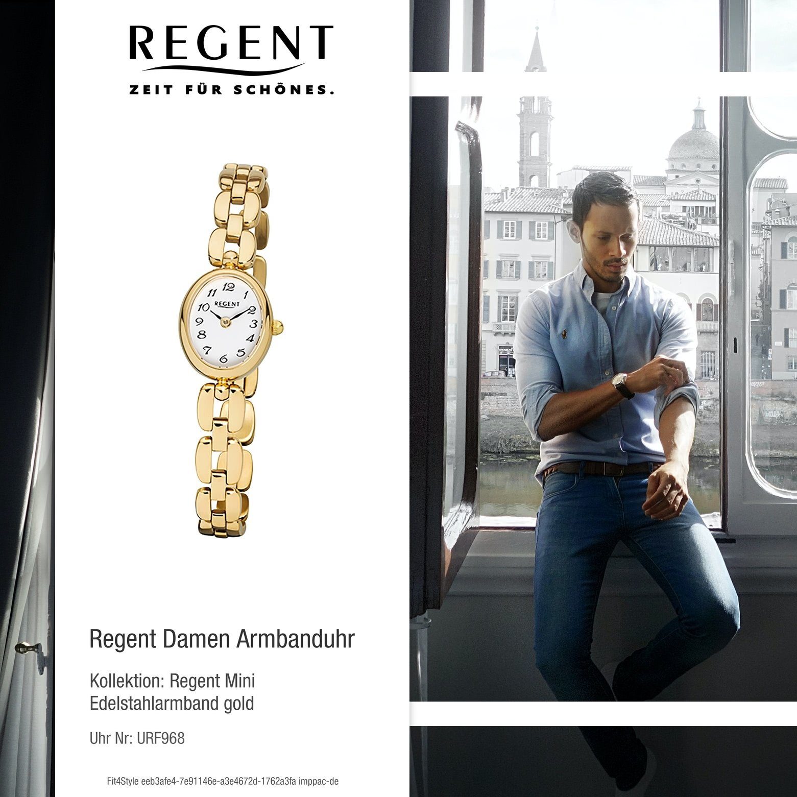 Regent Analog Quarzuhr Damen Damen-Armbanduhr (ca. Regent 19x16mm), goldarmband oval, Armbanduhr klein gold Edelstahl, F-968,