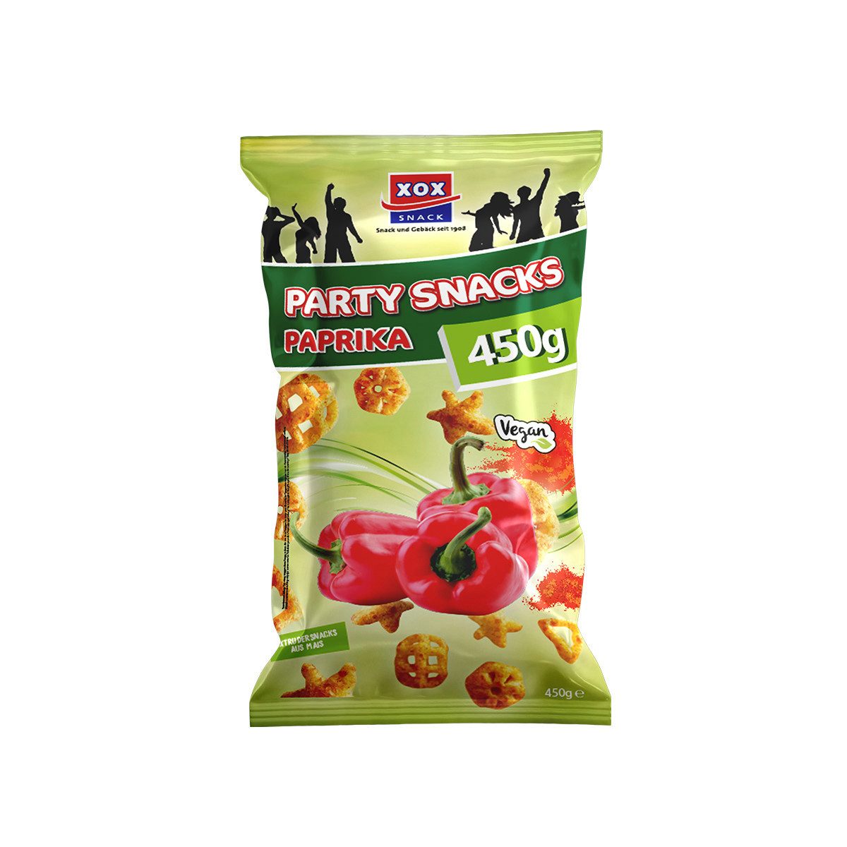 XOX Knabberei, XOX Party Maissnacks mit Paprika Würzung Veganer Knabberspaß 450g