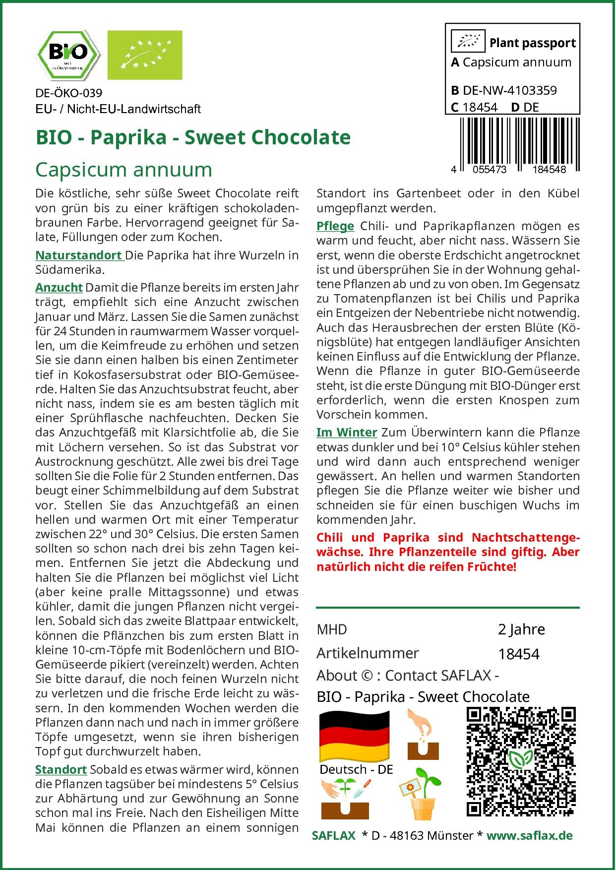 SAFLAX Gemüsesamen SAFLAX - Samen - BIO - Paprika - Sweet Chocolate günstig online kaufen