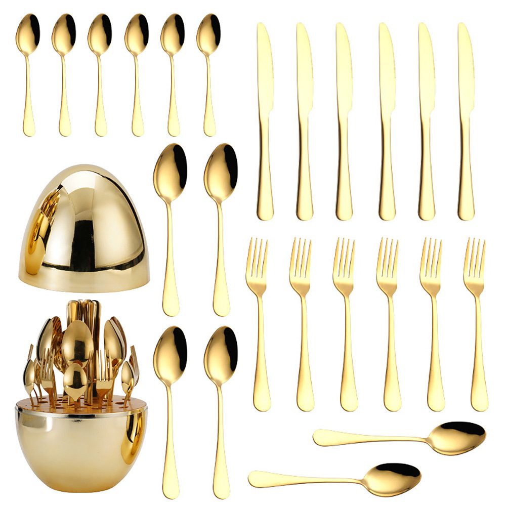 Rhein Beleuchtung Besteck-Set Besteck Set Edelstahl Geschirrset 6 Personen, 24-tlg. mit Box, 6 Personen, Mit Gabeln, Messern, Löffeln, Dessertlöffeln aus SUS304 Edelstahl, Spülmaschinenfest, rostfrei & ergonomisch, hochglanzpoliert