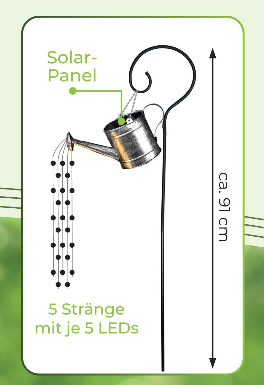 Gießkanne Solar hoch 25 solarbetrieben, mit Deko warm-weiß, ca. BONETTI LEDs, Einschaltautomatik, mit LED, LED vintage-Look, 91 Metall Solarleuchte Ein-/Ausschalter, Lichterschweif aus cm LED LED-Lichte,