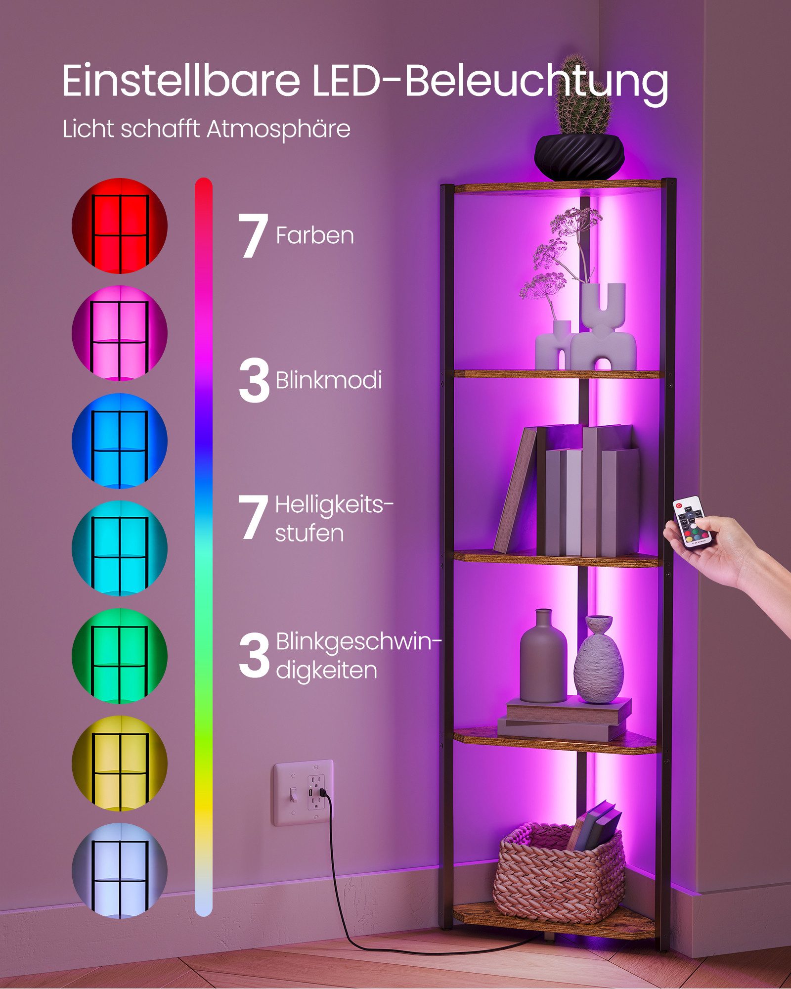 VASAGLE Eckregal 5/6 Ebenen, Bücherregal mit einstellbarer LED-Beleuchtung, Standregal, mit Fernbedienung, Höhe 146,6 / 182,1 cm