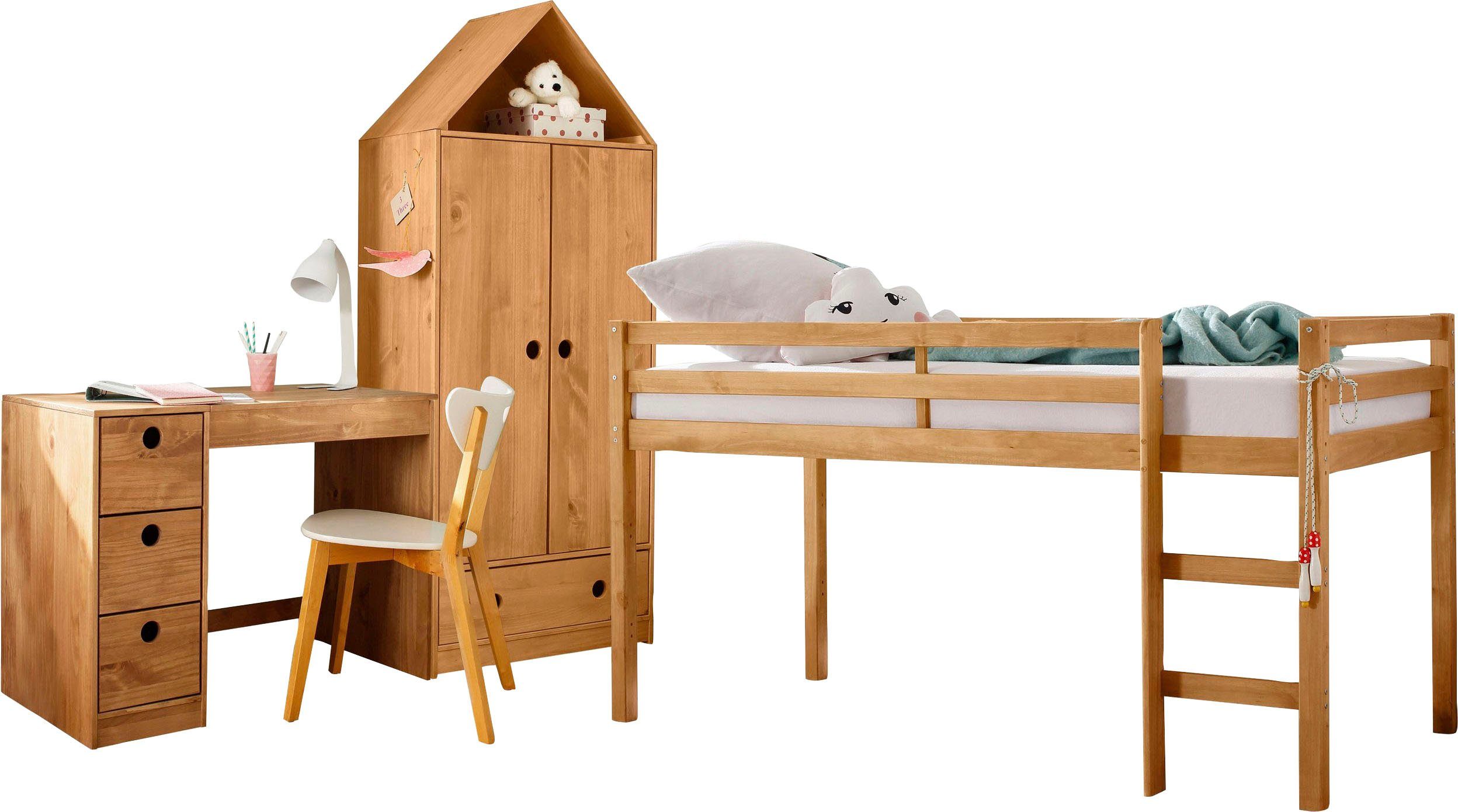 Lüttenhütt Jugendzimmer-Set Alpi, (Spar-Set, 3-St), Hochbett, Schreibtisch und Kleiderschrank in Hausoptik, platzsparend gebeizt/gewachst