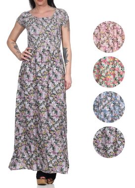 Aurela Damenmode Maxikleid Sommerkleider für Damen luftig & leichte Strandkleider mit Blumendruck, Rundhals- und Carmenausschnitt, Länge: 132-134cm