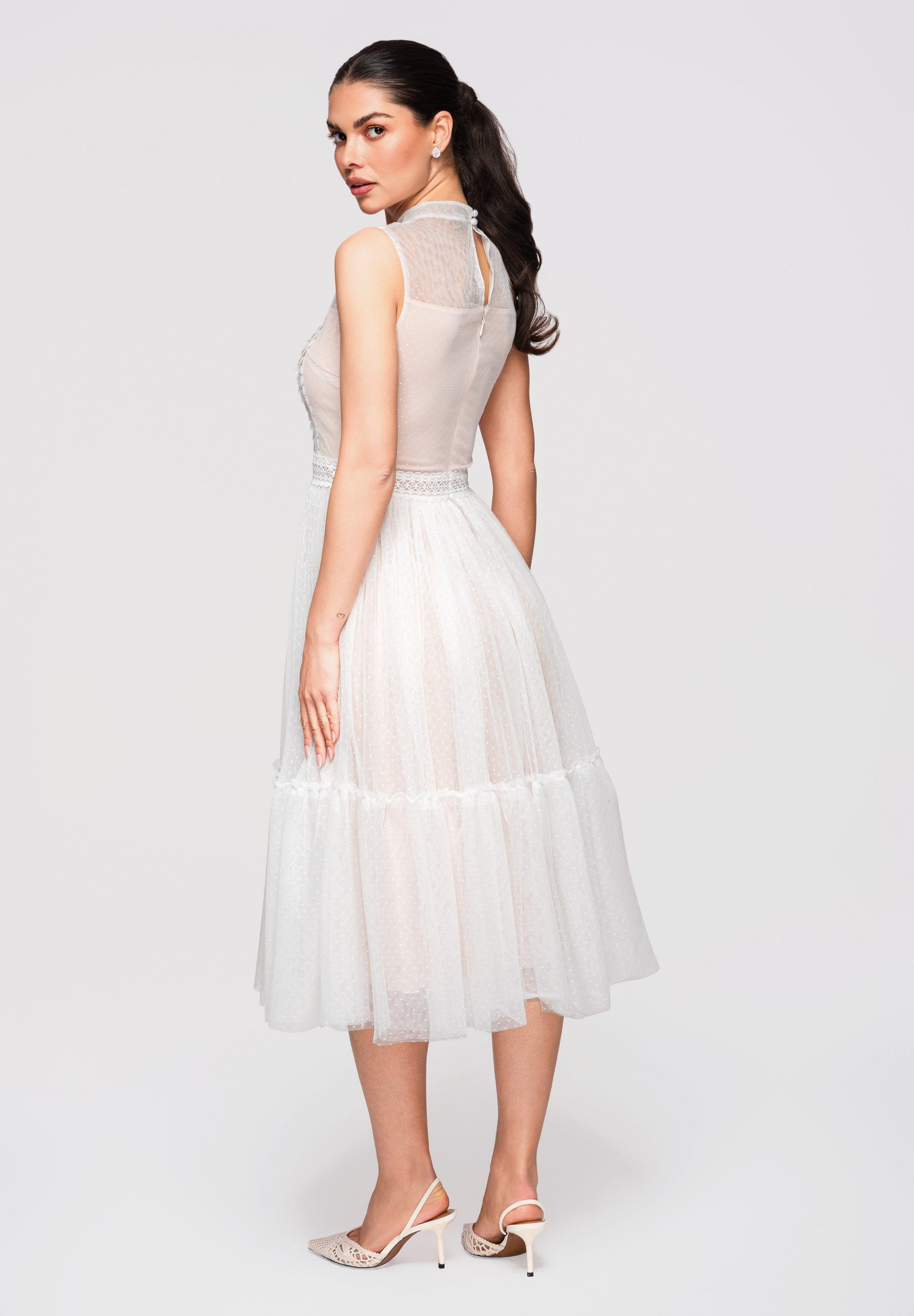 OMBRE Abendkleid Damen Midi Kleid Ausgestellt Elegant Weiß M (kein Set, 1-tlg) Dekorative Schleife am Ausschnitt, Koronkowy panel