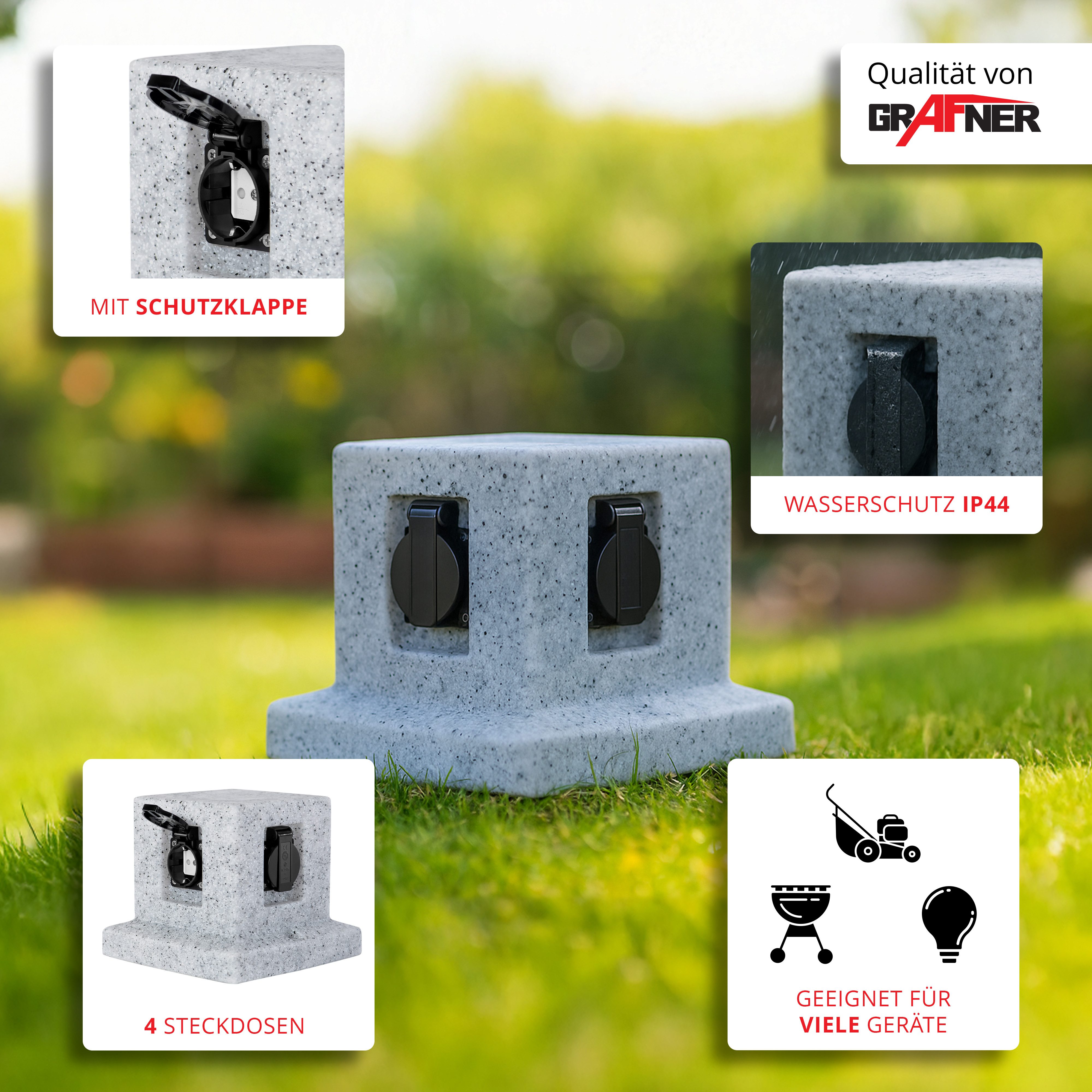 Grafner Gartensteckdose Gartensteckdose Steinoptik Steckdosensäule mit 4 Außensteckdosen, Granitoptik