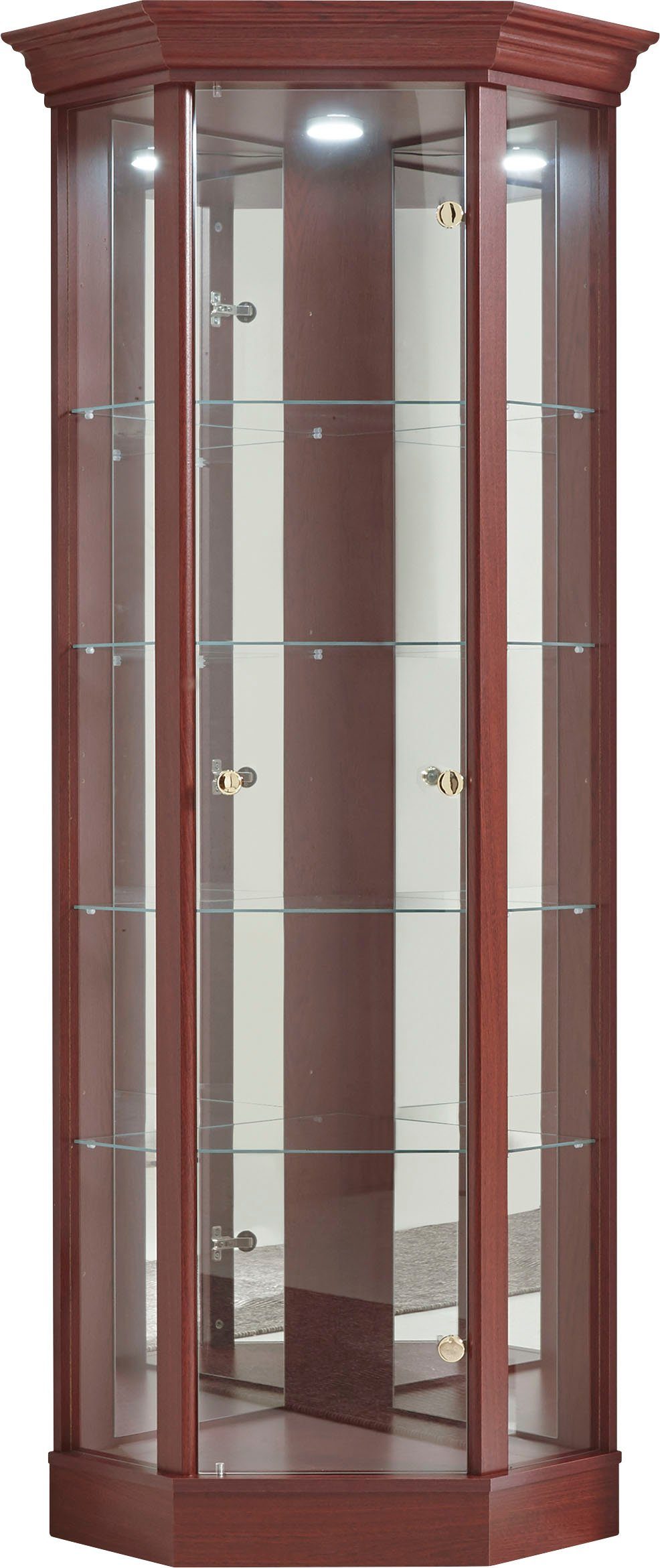 Mahagoni Sockel | Glasböden, Vitrine TRIO möbel 4 Spiegelrückwand, Mahagoni fif LED-Beleuchtung, Dekor
