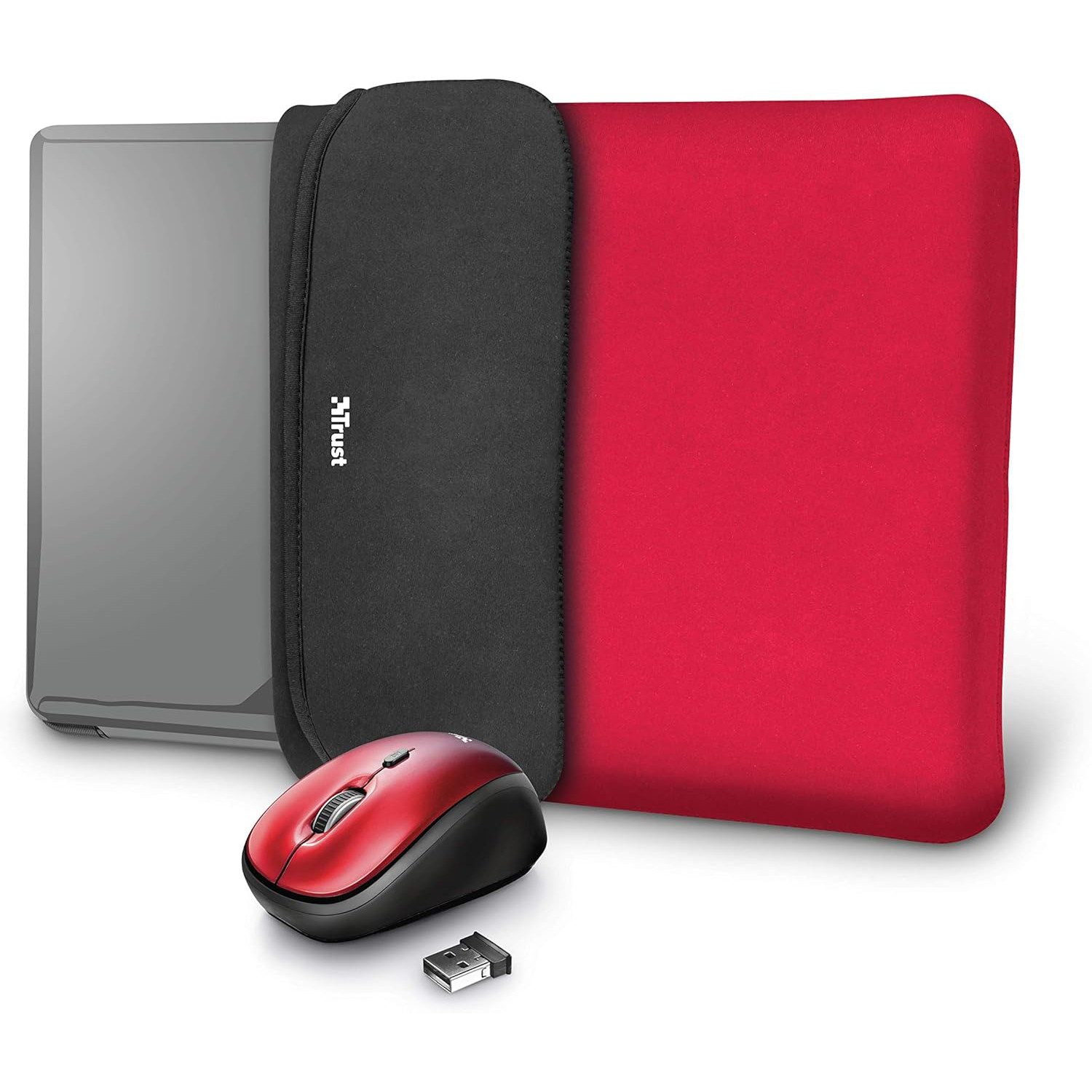 Trust Yvo 2-in-1 Set 15.6 Zoll Laptop Hülle Tasche Mäuse (Funk, Tasche Wendehülle und Funkmaus Rot)