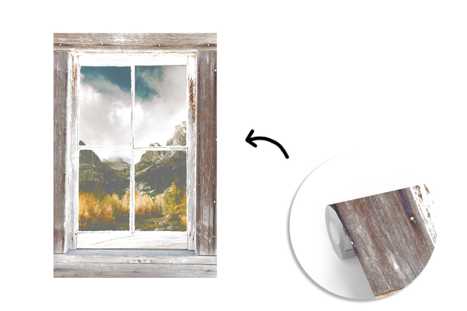 - MuchoWow Berge, Holz bedruckt, Wohnzimmer, für Wandtapete Tapete (3 Montagefertig Vinyl Fototapete Durchschaubar Matt, - St),