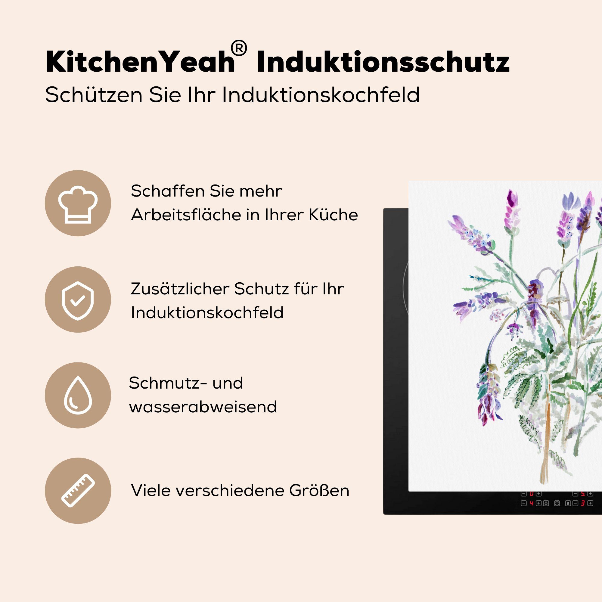 tlg), (1 Aquarell MuchoWow - küche Lavendel, für Arbeitsplatte Ceranfeldabdeckung, 78x78 Herdblende-/Abdeckplatte cm, Blumen - Vinyl,