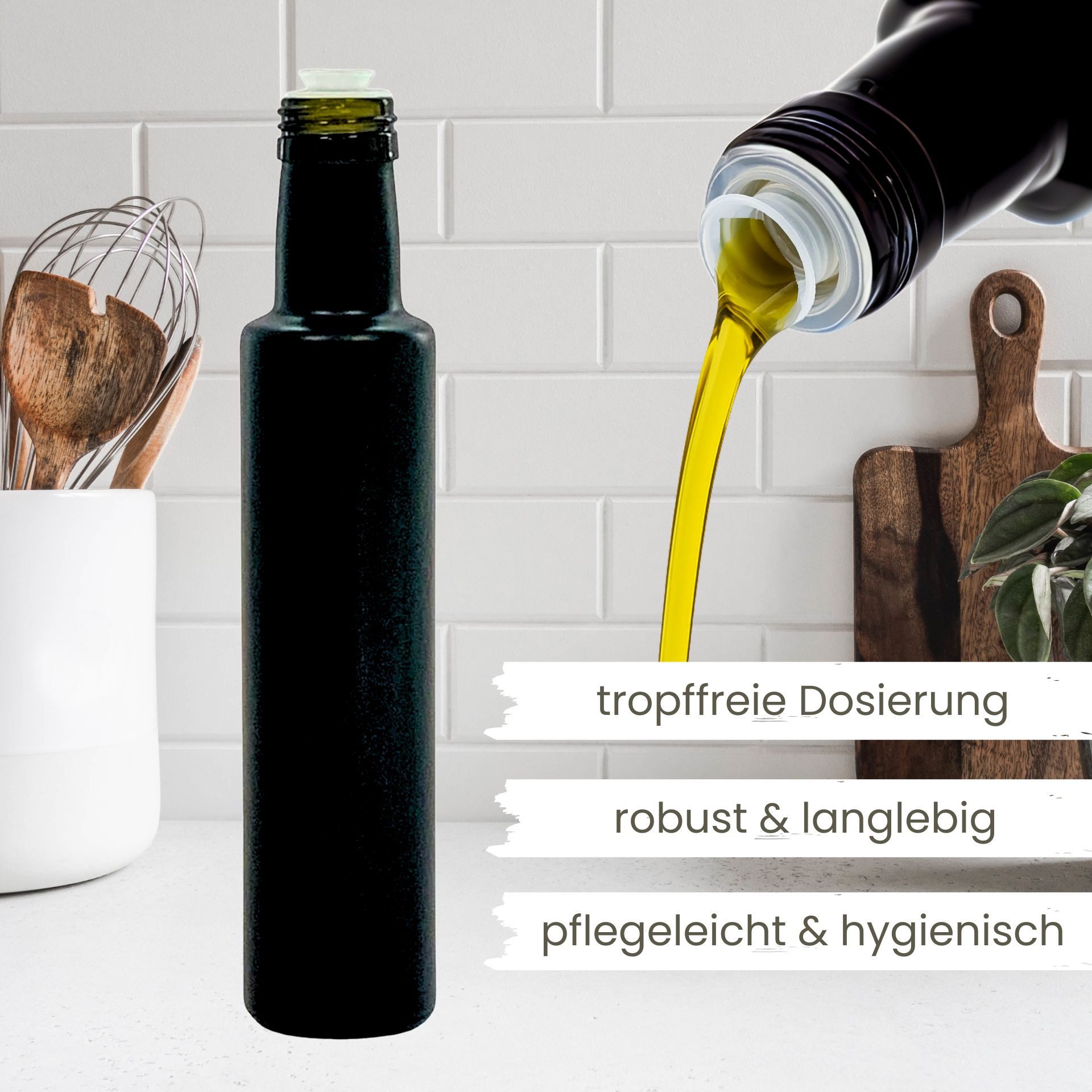 mikken Ölspender 4er Set Ölflasche 250 ml Glasflasche schwarz mit Ausgießer Dosierer, (Spar-Set), mit Originalitätsring, mit Beschriftungsetiketten, matt schwarz