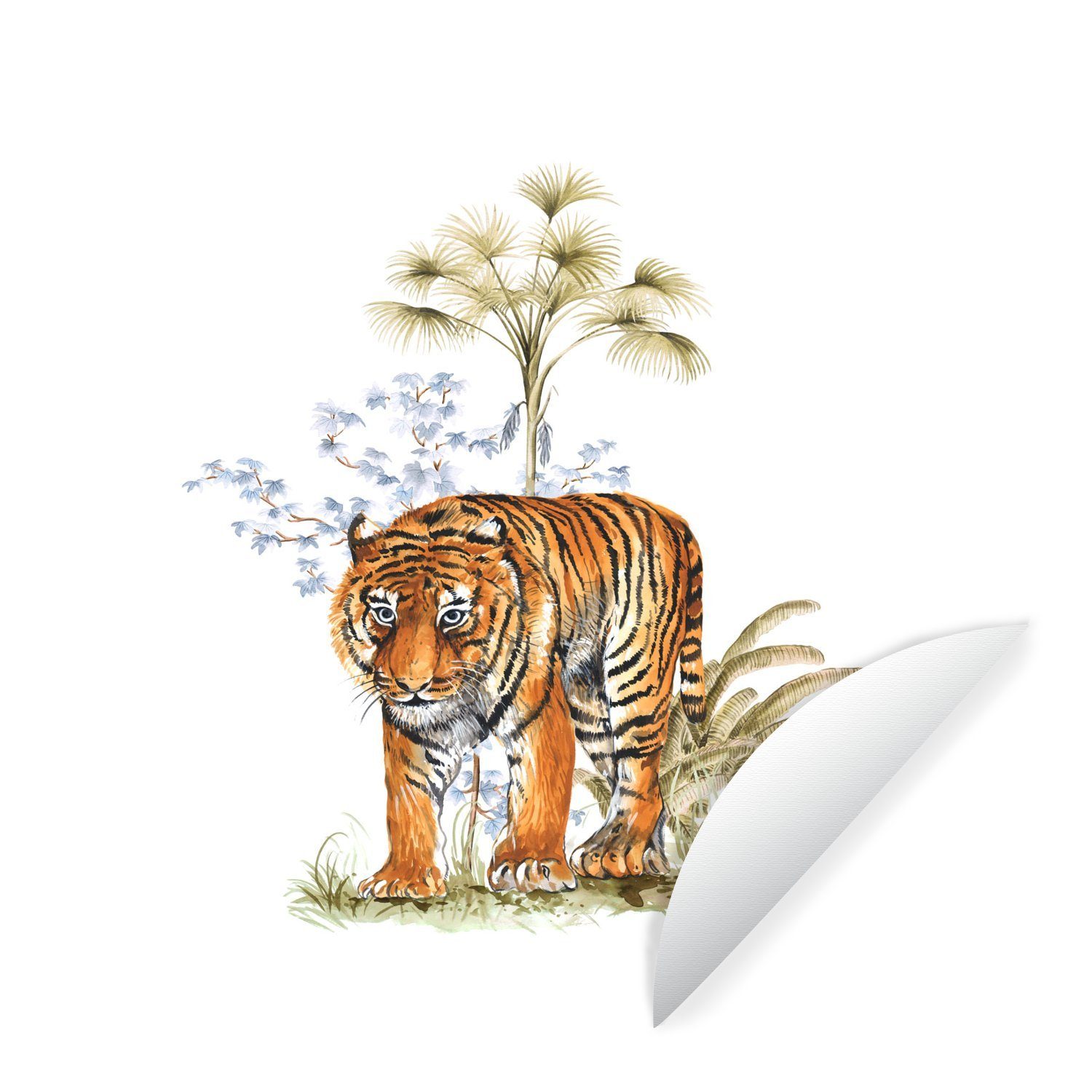 MuchoWow Wandsticker Tiger - Pflanzen - Bild (1 St), Tapetenkreis für Kinderzimmer, Tapetenaufkleber, Rund, Wohnzimmer