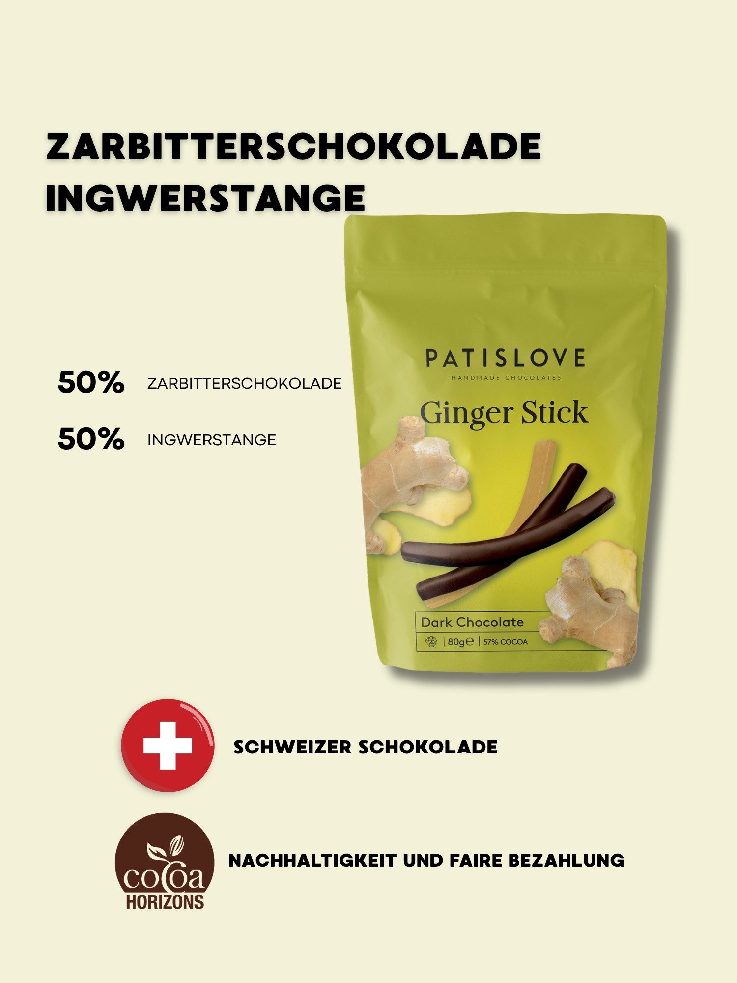 PATISLOVE Schokolade PATISLOVE Ingwerstäbchen in Zartbitterschokolade 80g – 57% Kakao, Handgefertigt,Mit kandiertem Ingwer.