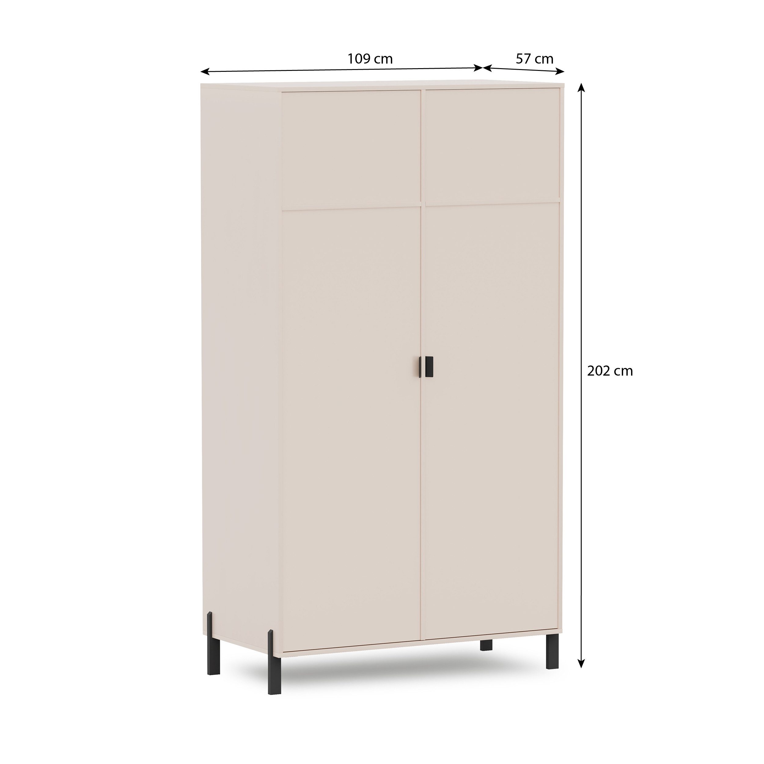 Beautysofa Drehtürenschrank CORTINA mit 2 Türen, 2 Kleiderstangen und 2 Ablagefächern (mit Metallgriffen und Füßen, Farbe Sandbeige) Breite: 109 cm