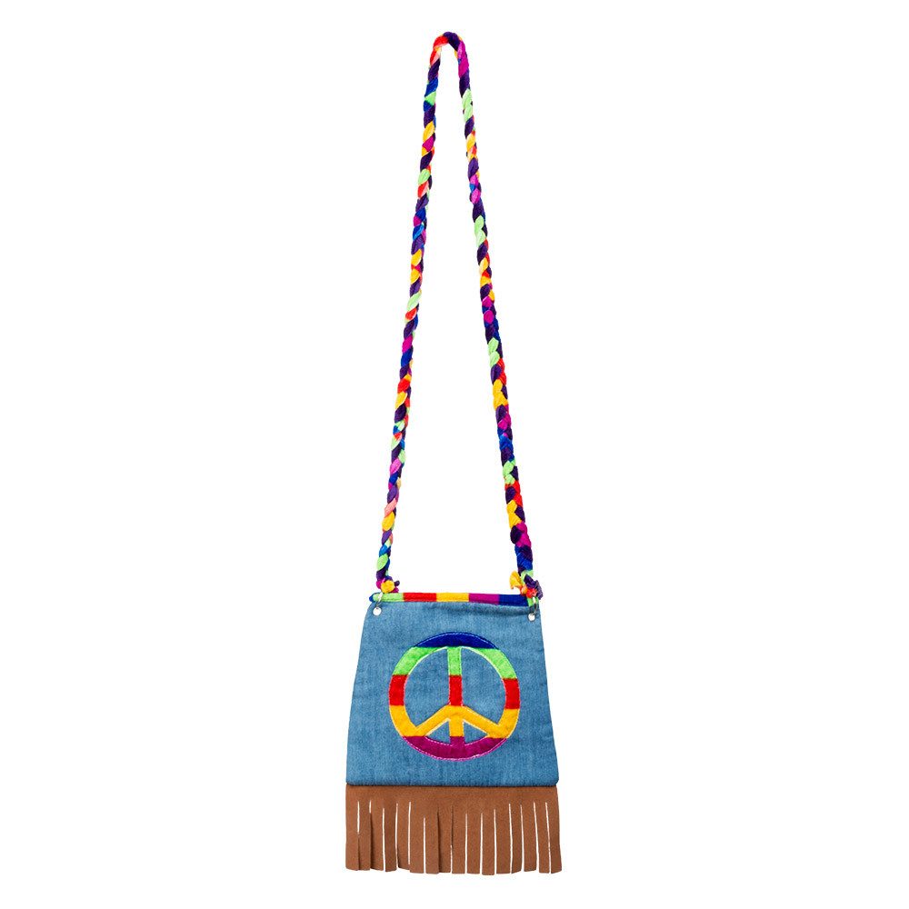 Boland Kostüm Umhängetasche Peace bunte Hippie Tasche mit Fransen 19x19 cm, Perfekt für Hippie- und 70er-Jahre, mit Reißverschluss
