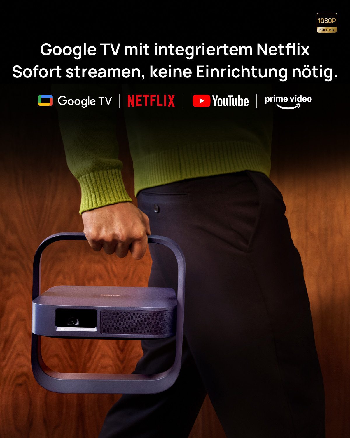 XGIMI XGIMI Elfin Flip Laser Portable Beamer, 1080P, 1600 ISO Lumens, GTV DLP-Beamer (Dynamic Contrast Ratio: 10,000:1, 1920 x1080 (1080P) px, RGB-Triple-Laser, Google TV mit integriertem Netflix)