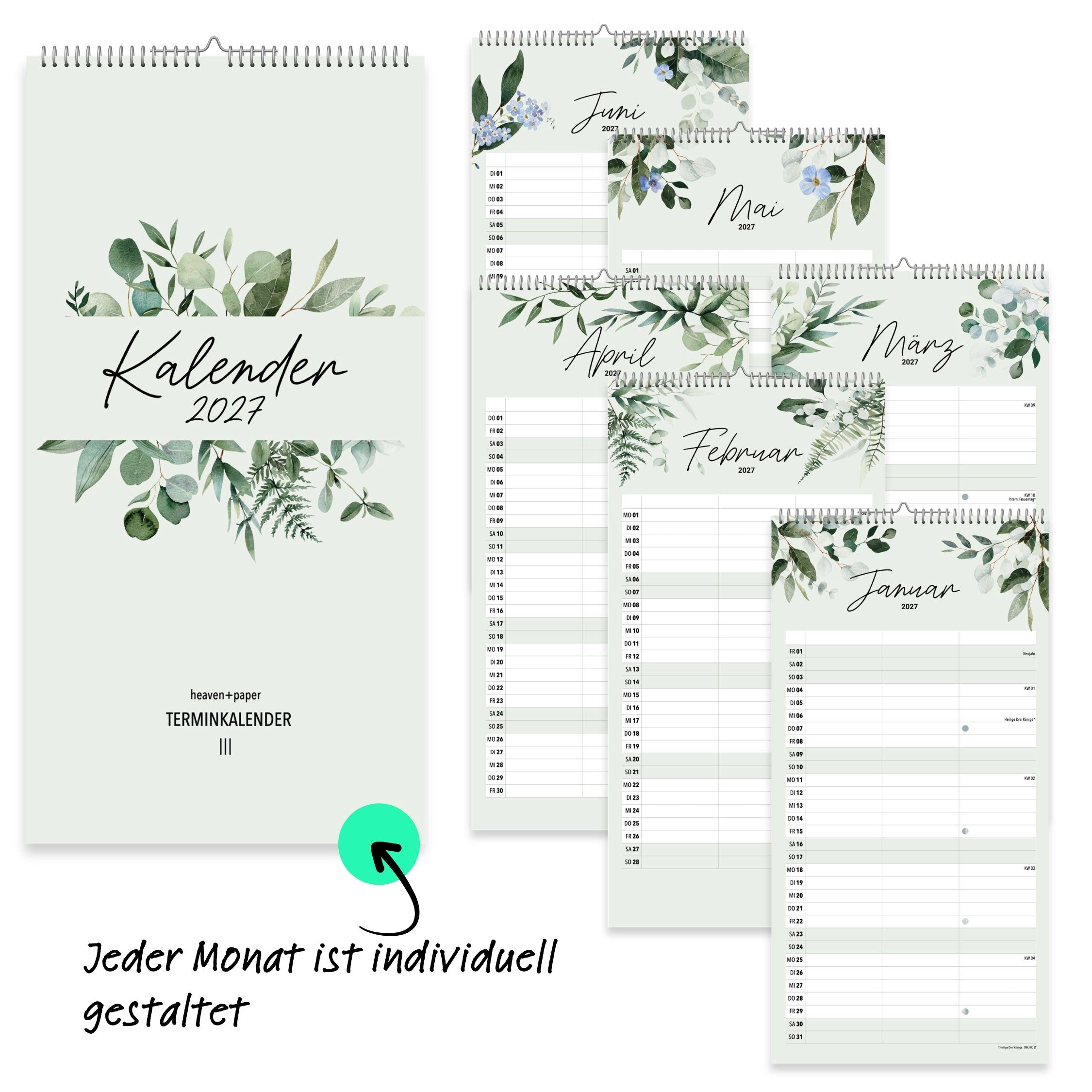 heaven+paper Partnerkalender Paarplaner Green 3 Spalten 2027 botanisch, hochwertig, Hergestellt in Deutschland – Bild 4 von 5