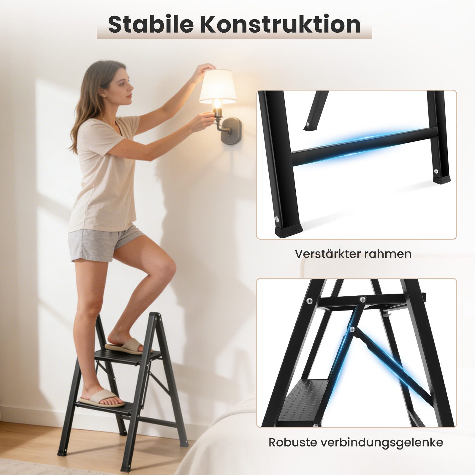 Sekey Trittleiter 2/3 Stufen Leiter Klappbar Klappleiter Rutschfest Stehleiter bis 150kg, Tragbare 2-Stufen Trittleiter mit Alu-Trittstufen, TÜV & SGS geprüft