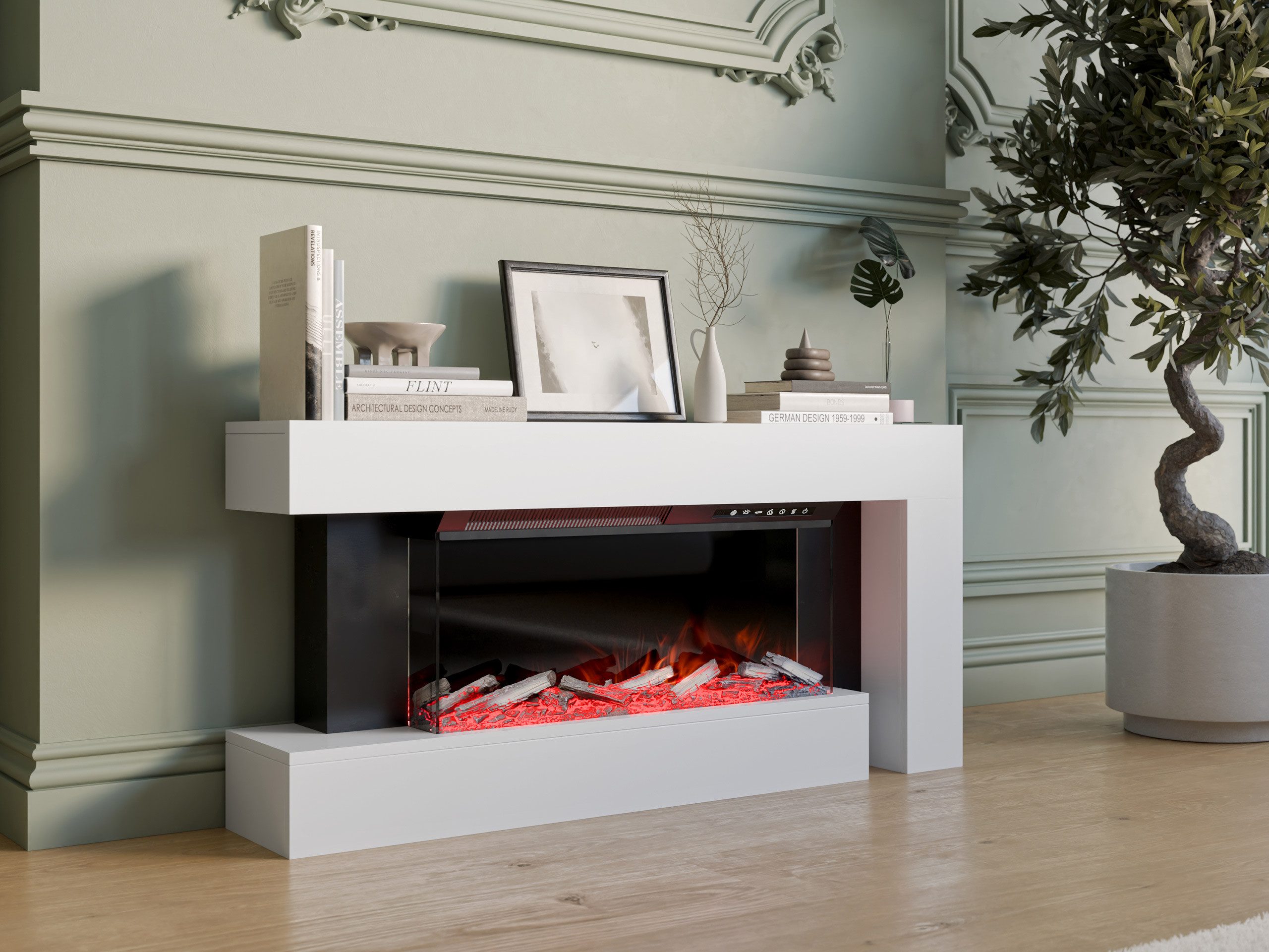 MIRJAN24 Kommode Haga (mit Kamin), Realistische LED-Flamme, Harzholz-Effekt