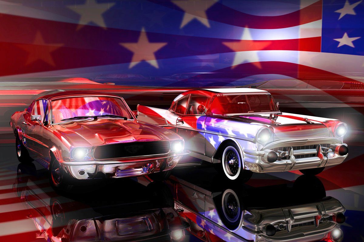 Fototapete Papermoon Flagge Amerikanische Autos,