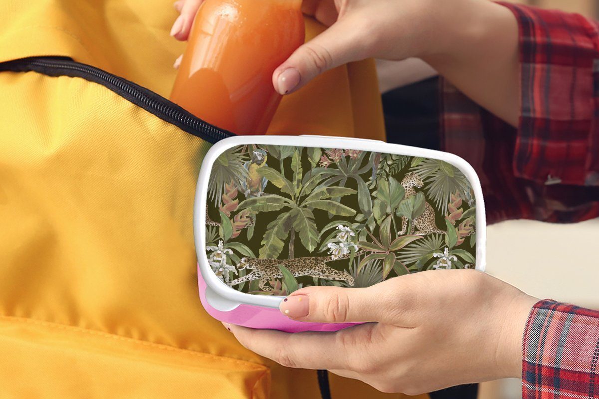Kunststoff Brotbox Brotdose Lunchbox - MuchoWow Tiere (2-tlg), für Kunststoff, Erwachsene, Vintage rosa Mädchen, Snackbox, - Dschungel Muster, Kinder, -