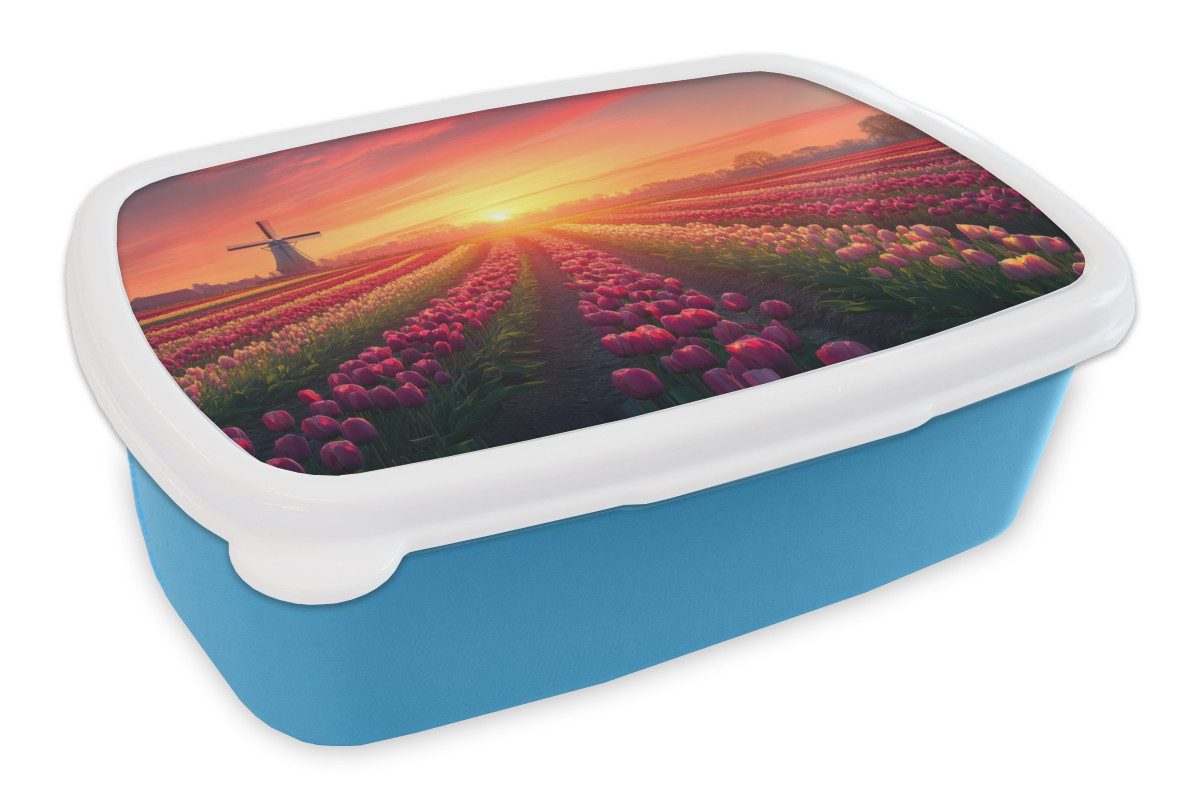 MuchoWow Lunchbox Windmühle - Sonnenuntergang - Landschaft, Kunststoff, (2-tlg), Brotdose, Lunchbox, Brotbox für Kinder und Erwachsene