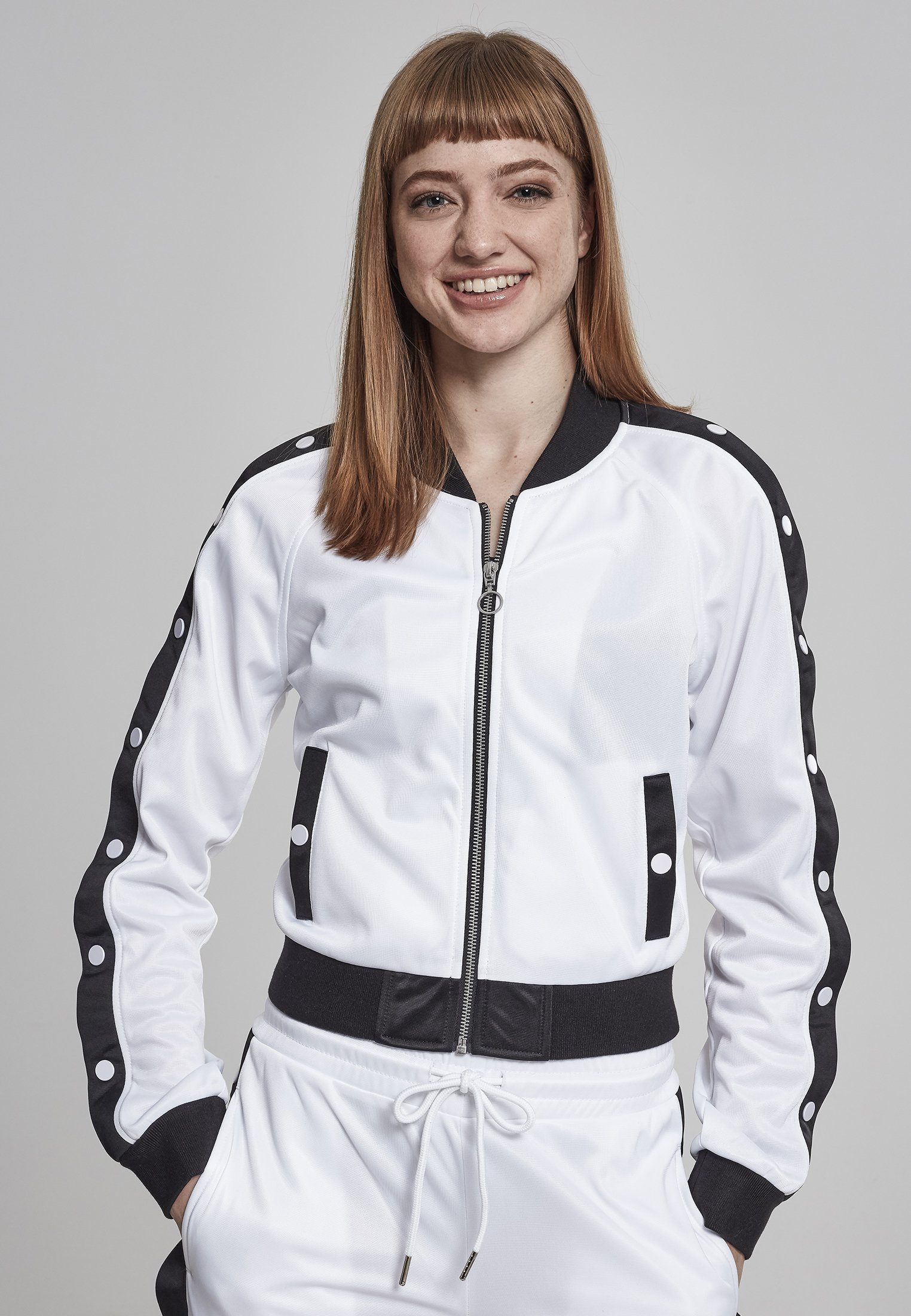URBAN CLASSICS Strickfleecejacke Damen Ladies Button Up Track Jacket (1-St) white/black/white