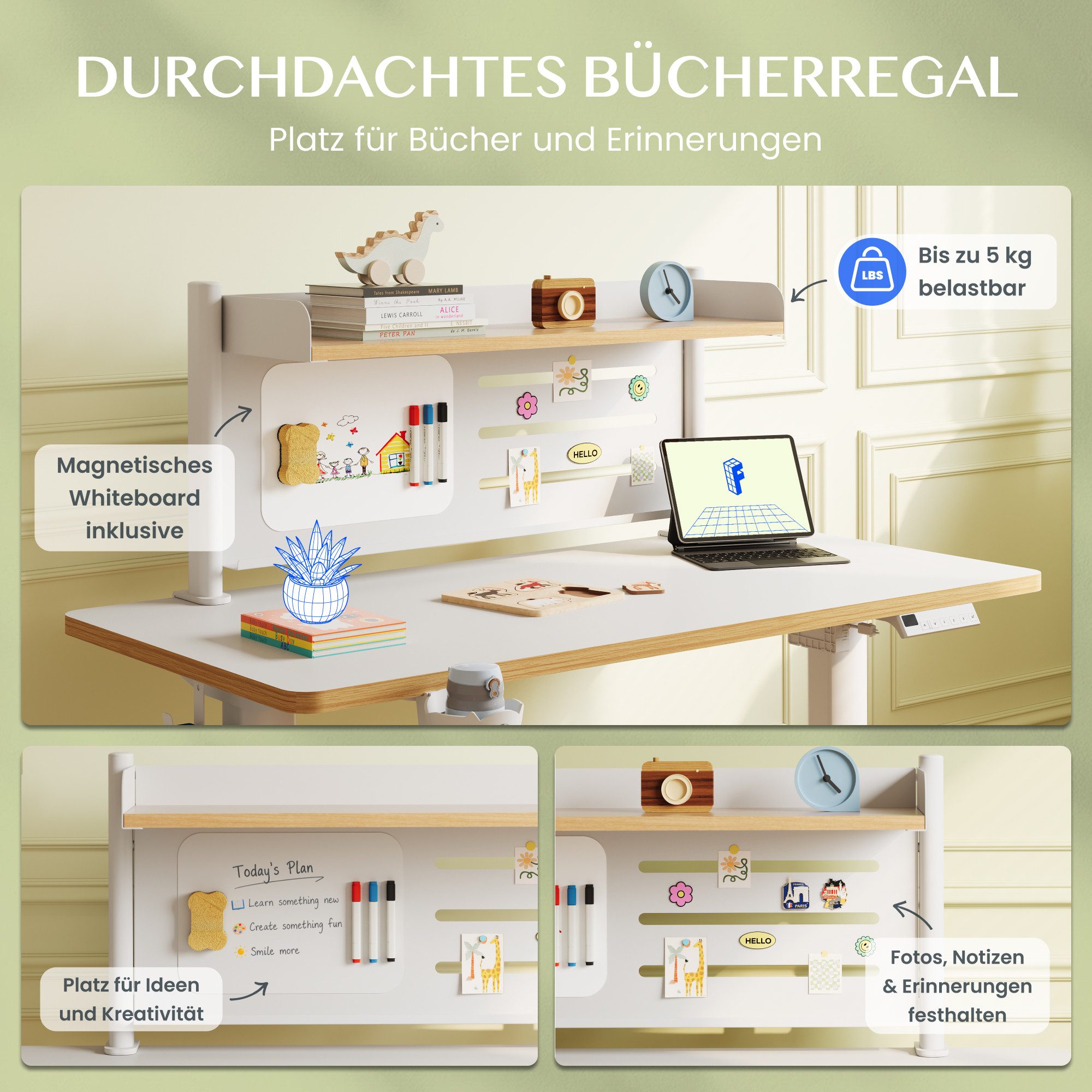 FLEXISPOT Schreibtisch Kinderschreibtisch Höhenverstellbar (3 Speichertasten, Magnetisches Whiteboard, inkl. 3 Whiteboard-Stifte & Tafellöscher), MIT 2xHaken &  – Bild 4 von 5