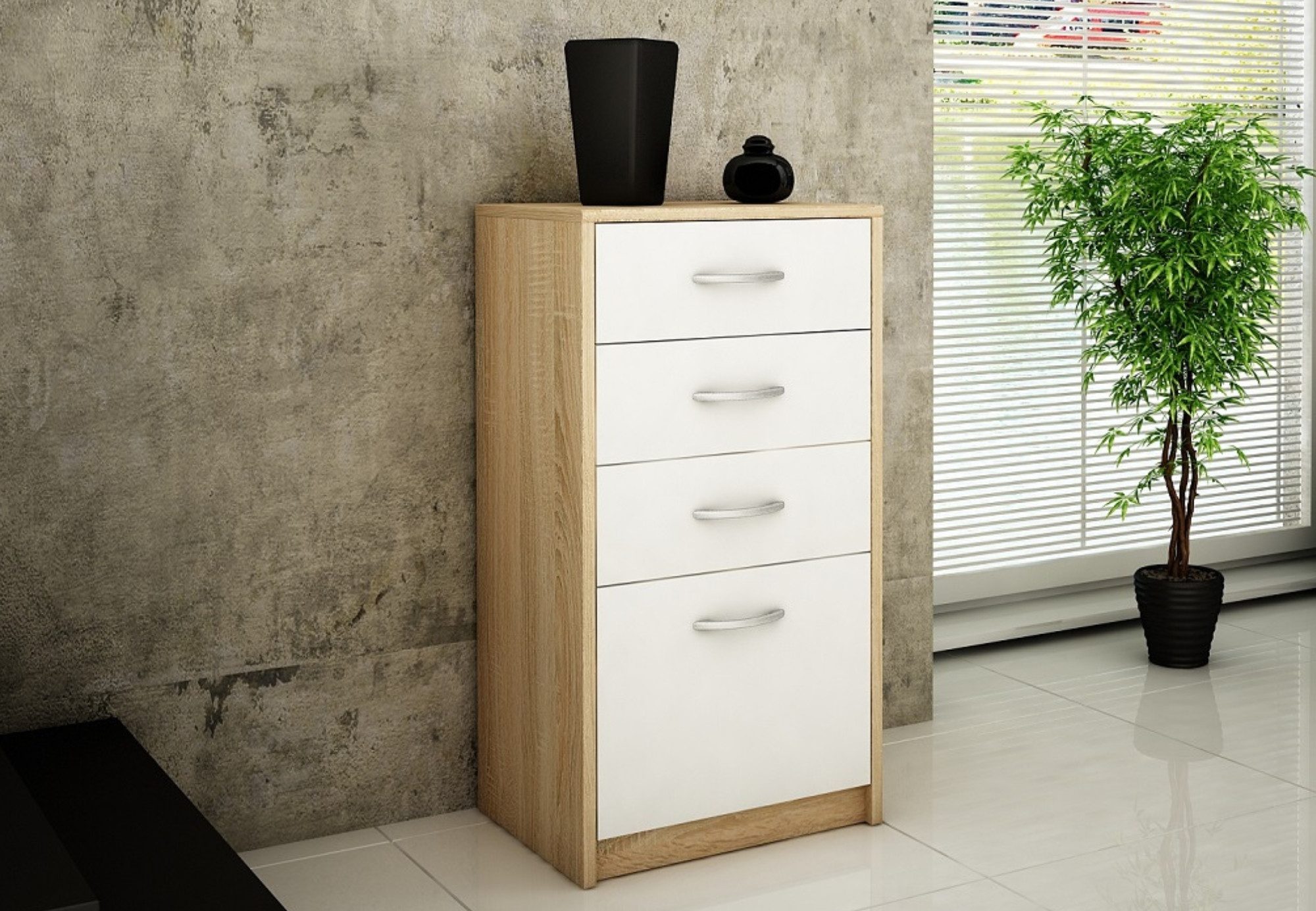 Home Collective Kommode mit 4 Schubladen mit matter Oberfläche, Kommode 45cm breit Holz (Schlafzimmer Wohnzimmer Flur Büro Organizer, Metallrollen mit Auszugsstopp), Schrank Kommode mit Schubladen Sideboard Highboard sonoma weiß