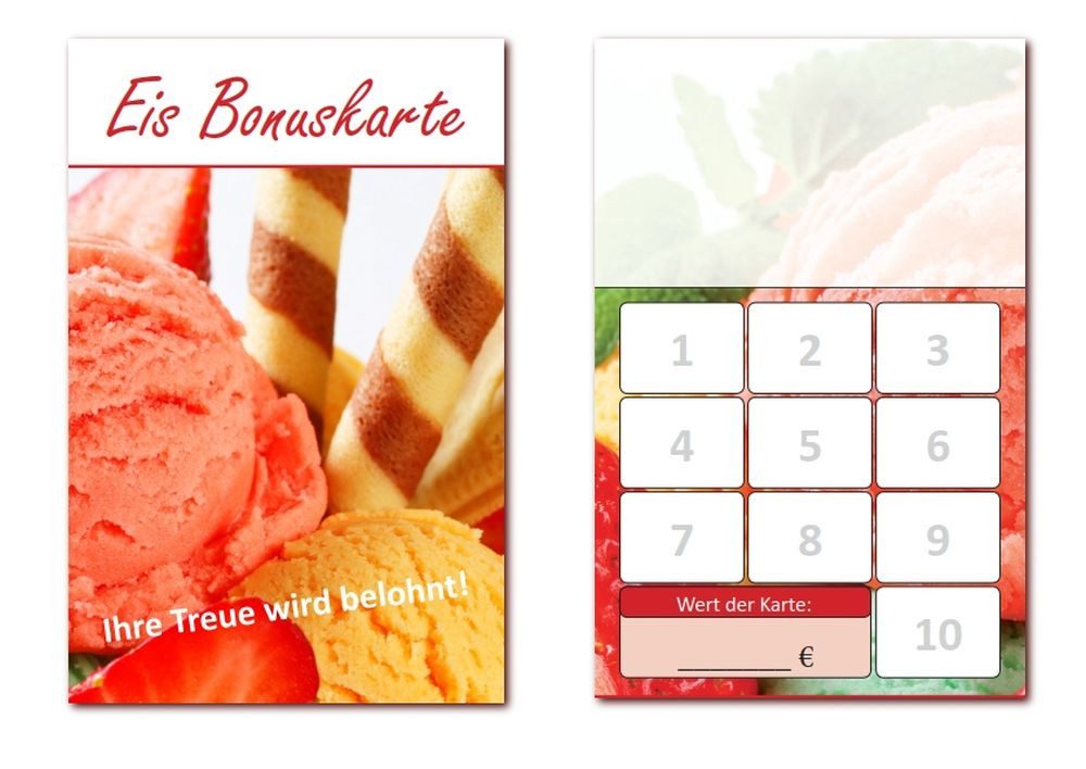 LYSCO Visitenkarten Bonuskarte Eis Kundenkarte Eisdiele Café (BOK-411), Treuekarte,Rabattkarte,Genuss,10 Stempelfelder + Firmenstempel