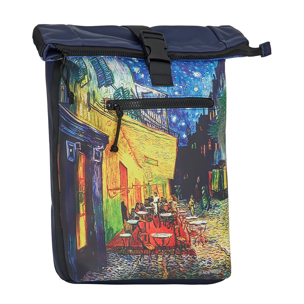 NEW REBELS Laptoprucksack Rolltop-Rucksack mit Van-Gogh-Motiv „Café Terrace at Night“, wasserabweisend, Laptopfach, Kunstmotiv