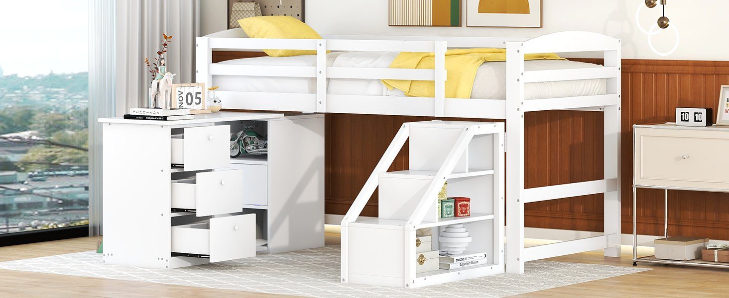 Treppe, Hochbett WISHDOR Kinderbett und 90 (mit Matratze weiß), 200cm Ohne Einzelbett x Gästebett Bett Multifunktionsschreibtisch integriertem Funktionsbett