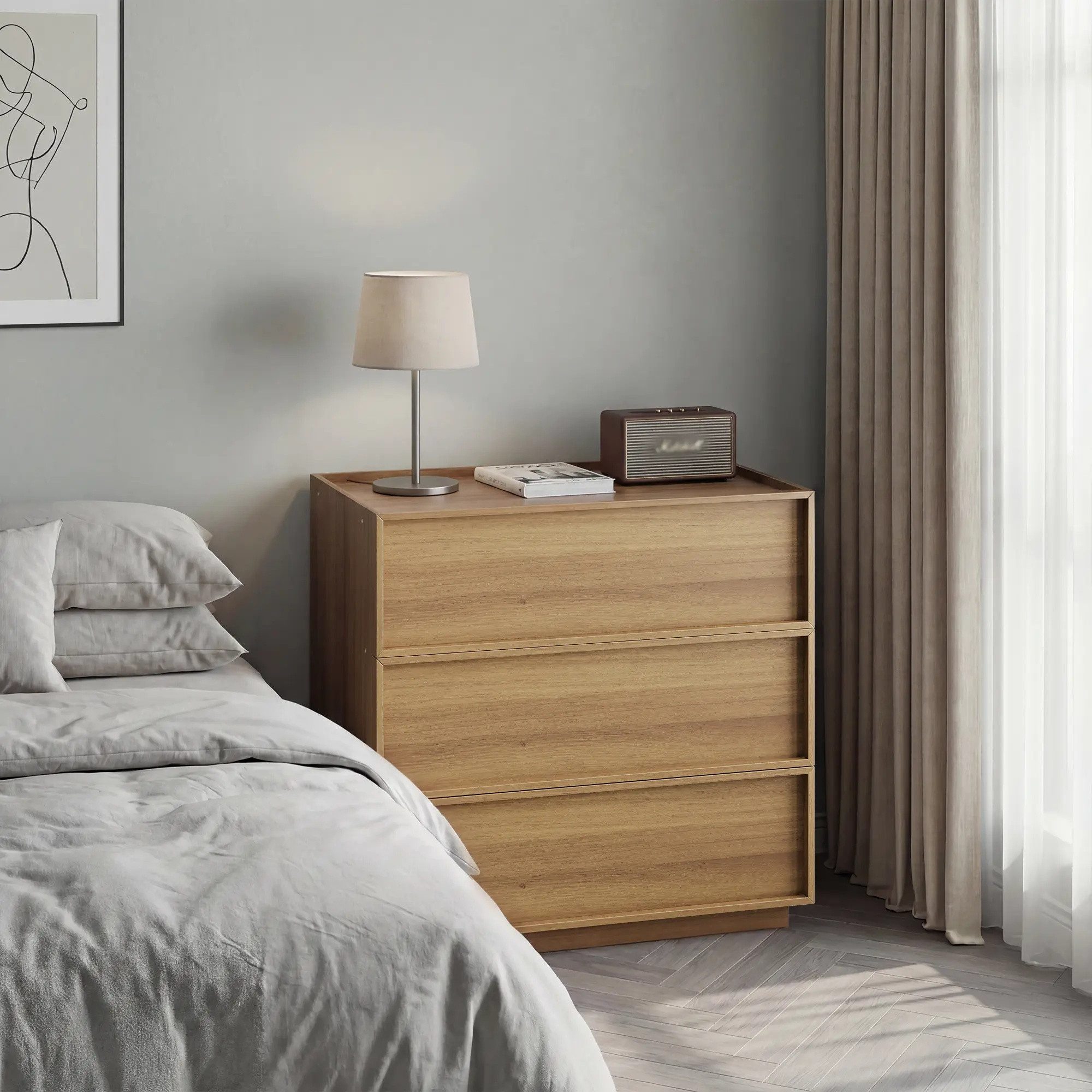 ANYSUN Kommode Sideboard mit 3 Schubladen, SGS-geprüft, modernes Holz-Design (Einzelmöbel), Sideboard 3 Schubladen, grifflos, wasserdicht, Anti-Kipp, Schlafzimmer