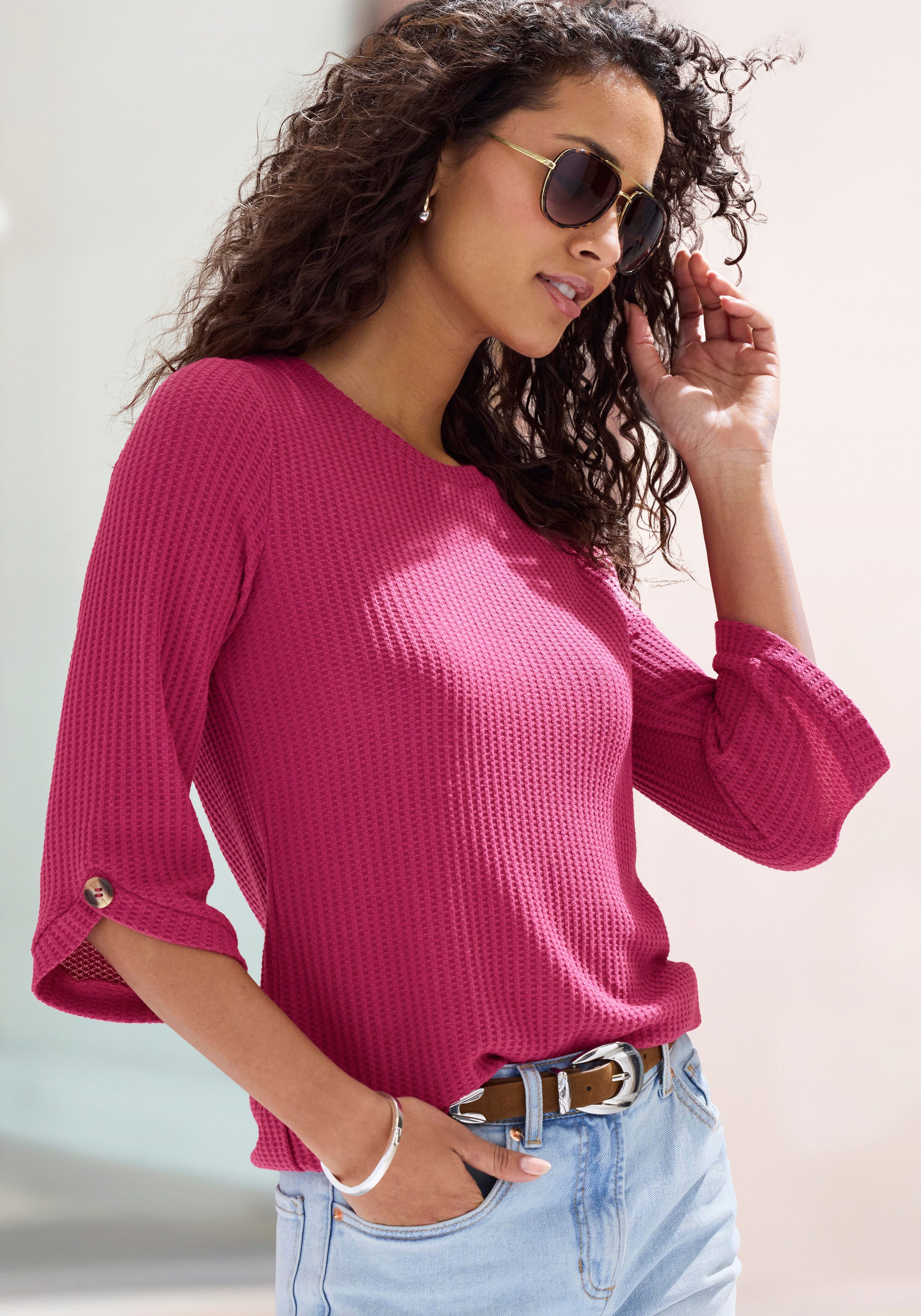 Lascana 3/4-Arm-Shirt mit Knopfdetail aus weicher Waffel Piqué-Qualität