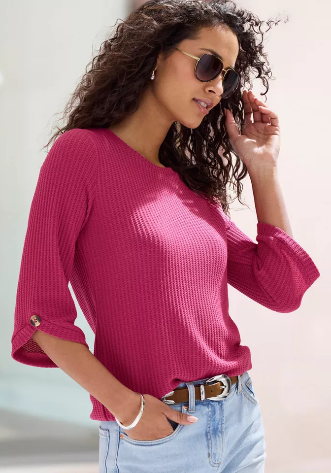 Lascana 3/4-Arm-Shirt mit Knopfdetail aus weicher Waffel Piqué-Qualität