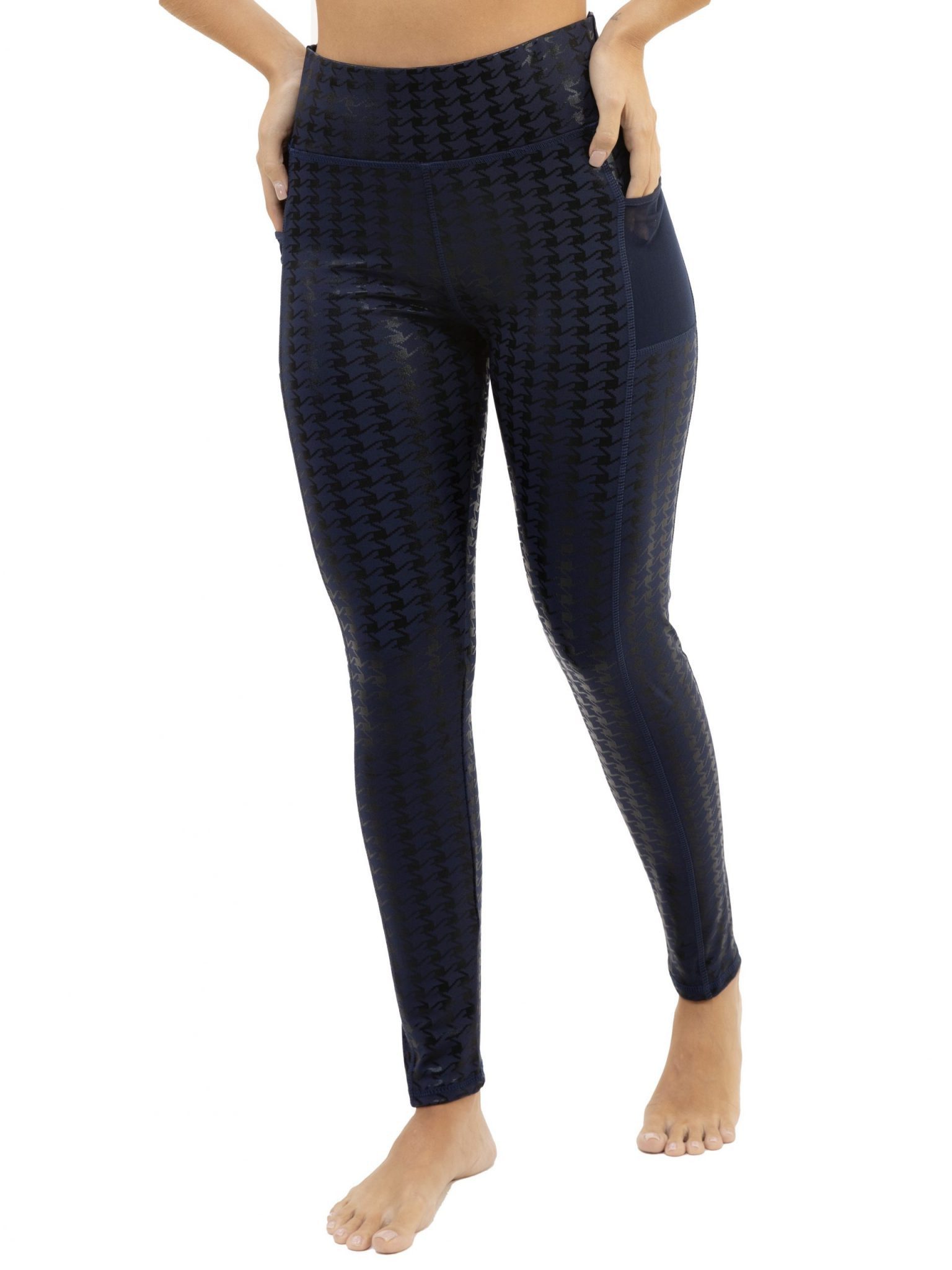 Leggings Park Leggings Damen Glänzende Leggings Hose Jogginghosen, Netz Doppeltaschen (Das Hahnentritt-Muster gibt der Leggings einen eleganten Touch) Ein besonderes Feature ist die Handytasche in einer der Taschen.