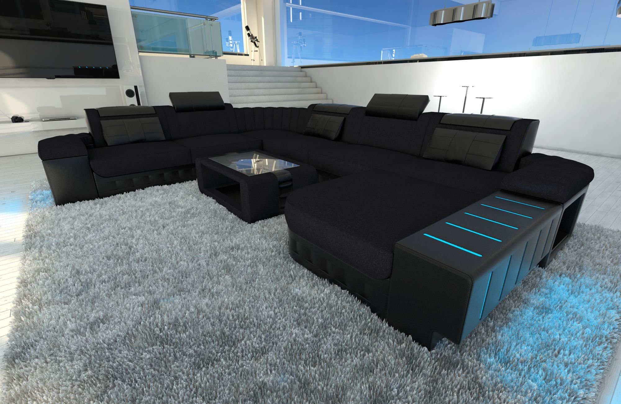 Sofa Dreams Wohnlandschaft Stoff Polster Sofa Couch Bellagio XXL U Form Stoff Sofa, mit LED, wahlweise mit Bettfunktion als Schlafsofa, Designersofa C33 Schwarz-Schwarz