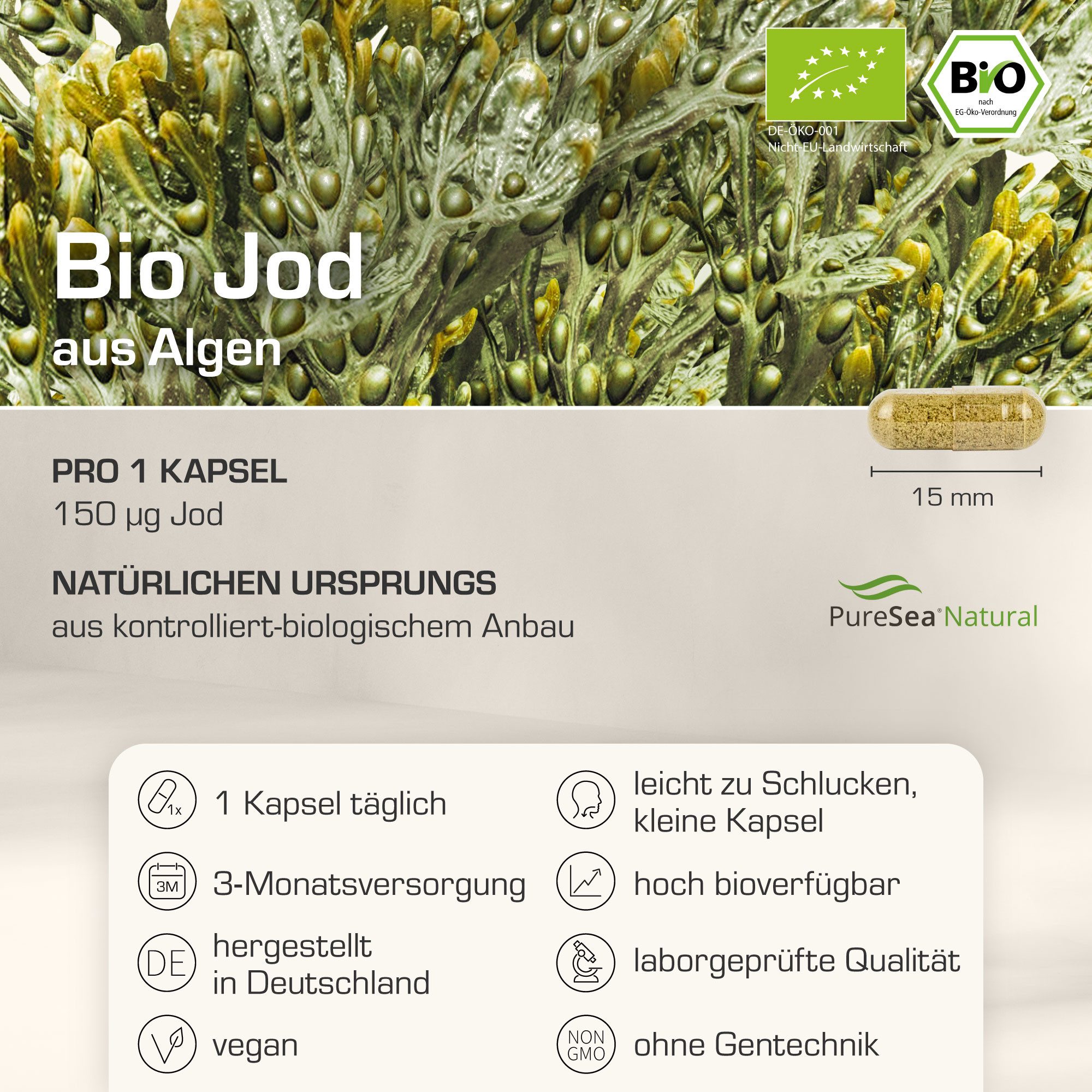 Purabyo BIO Jod Kapseln, Algen europäischer Herkunft, laborgeprüft, im Glas Kapseln, 1 er 90 St., 28 g