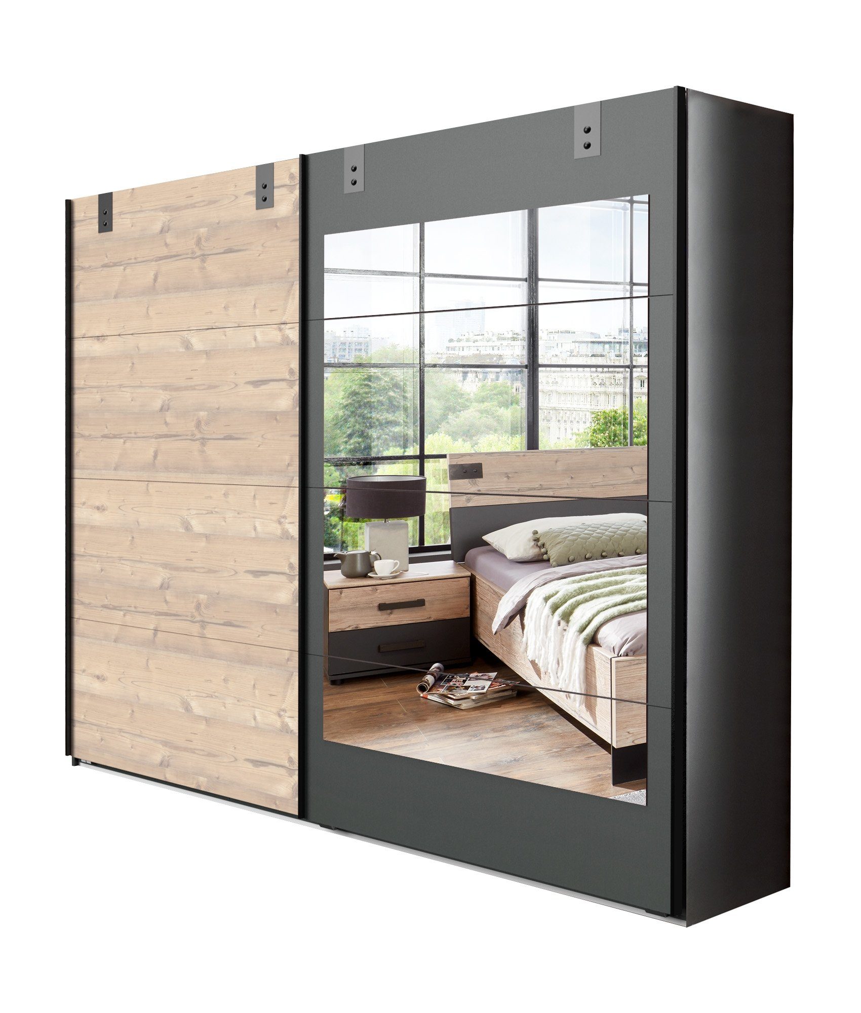 freiraum Kleiderschrank Malmö (B/H/T: 225x210x65 cm) in Graphit mit Absetzungen in Silver Fir-Nahcbildung