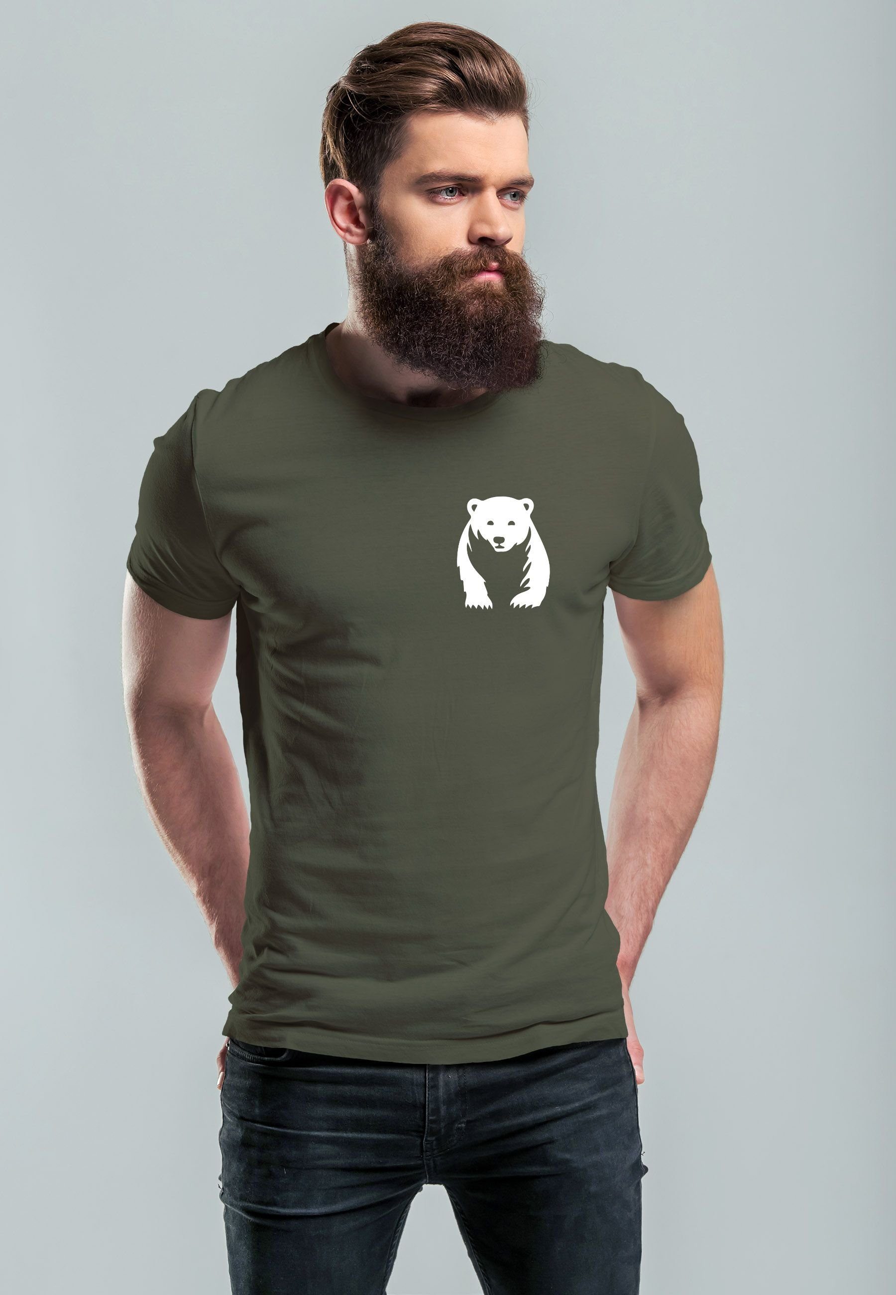 Bär Print T-Shirt Stre mit Print-Shirt Aufdruck Brustprint Outdoor Logo army Fashion Herren Natur Neverless
