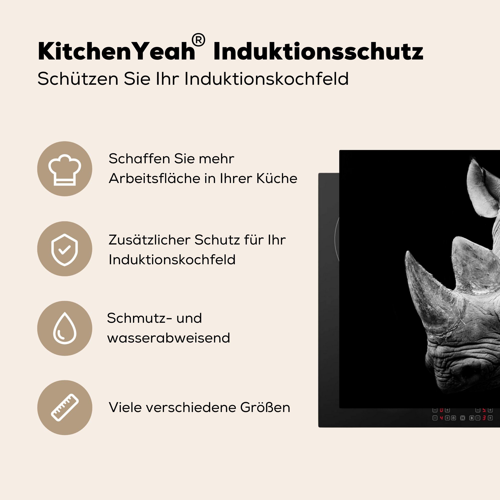 Vinyl, - tlg), - cm, Herdblende-/Abdeckplatte für Weiß küche Tiere Nashorn 81x52 (1 MuchoWow Schwarz - Ceranfeldabdeckung, - Arbeitsplatte Porträt,