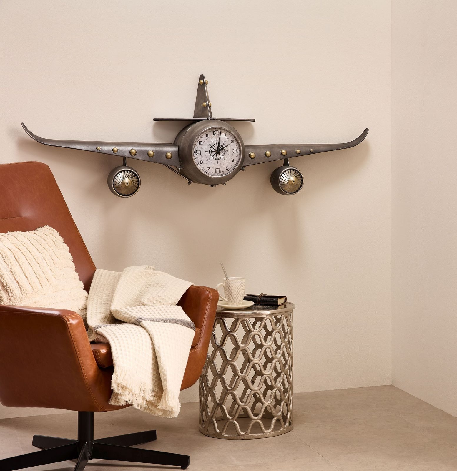 formano Wanduhr Metall Wanduhr Flugzeug 142 x 50cm 3D Metall Uhr Silber XXL Dekoration