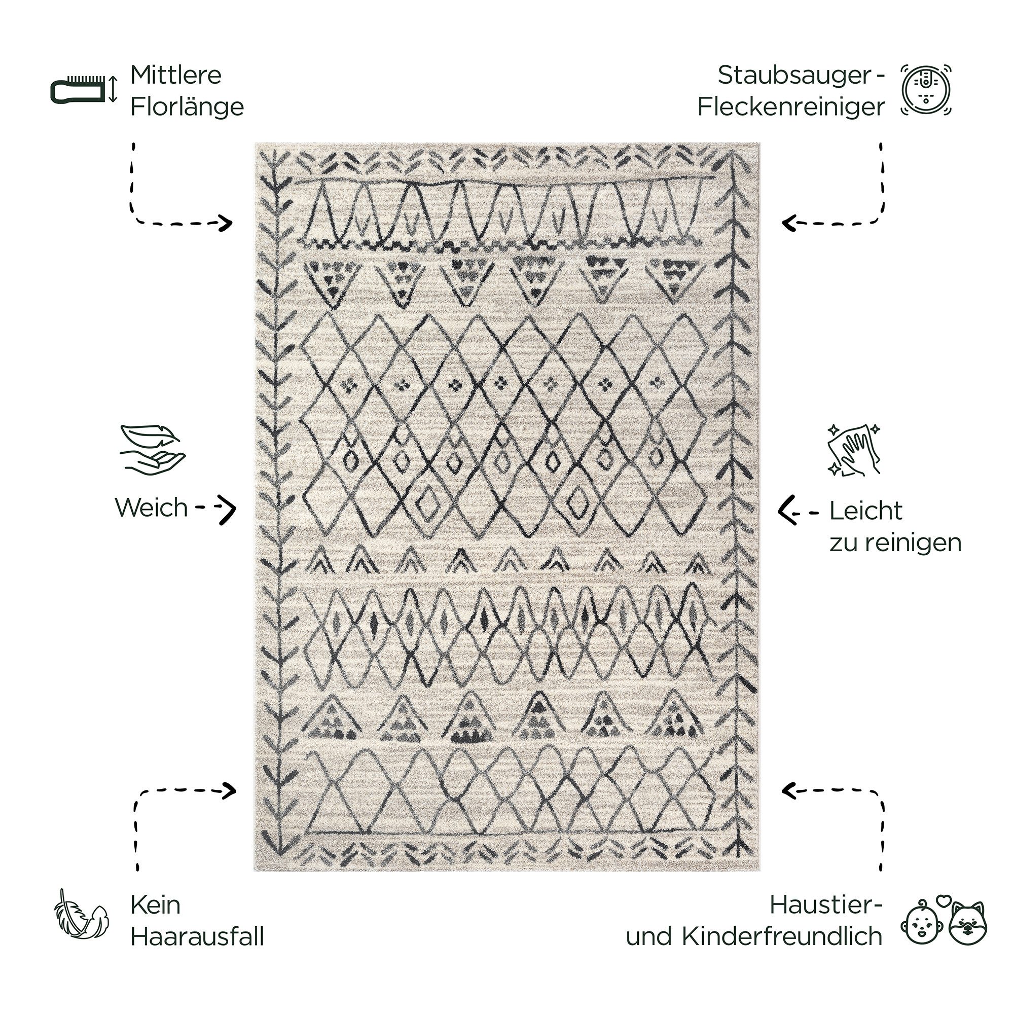 Sanat Teppich Boho 8200, rechteckig, Höhe: 10 mm, Kurzflor, robust, Boho, Scandic, für Fussbodenheizung geeignet