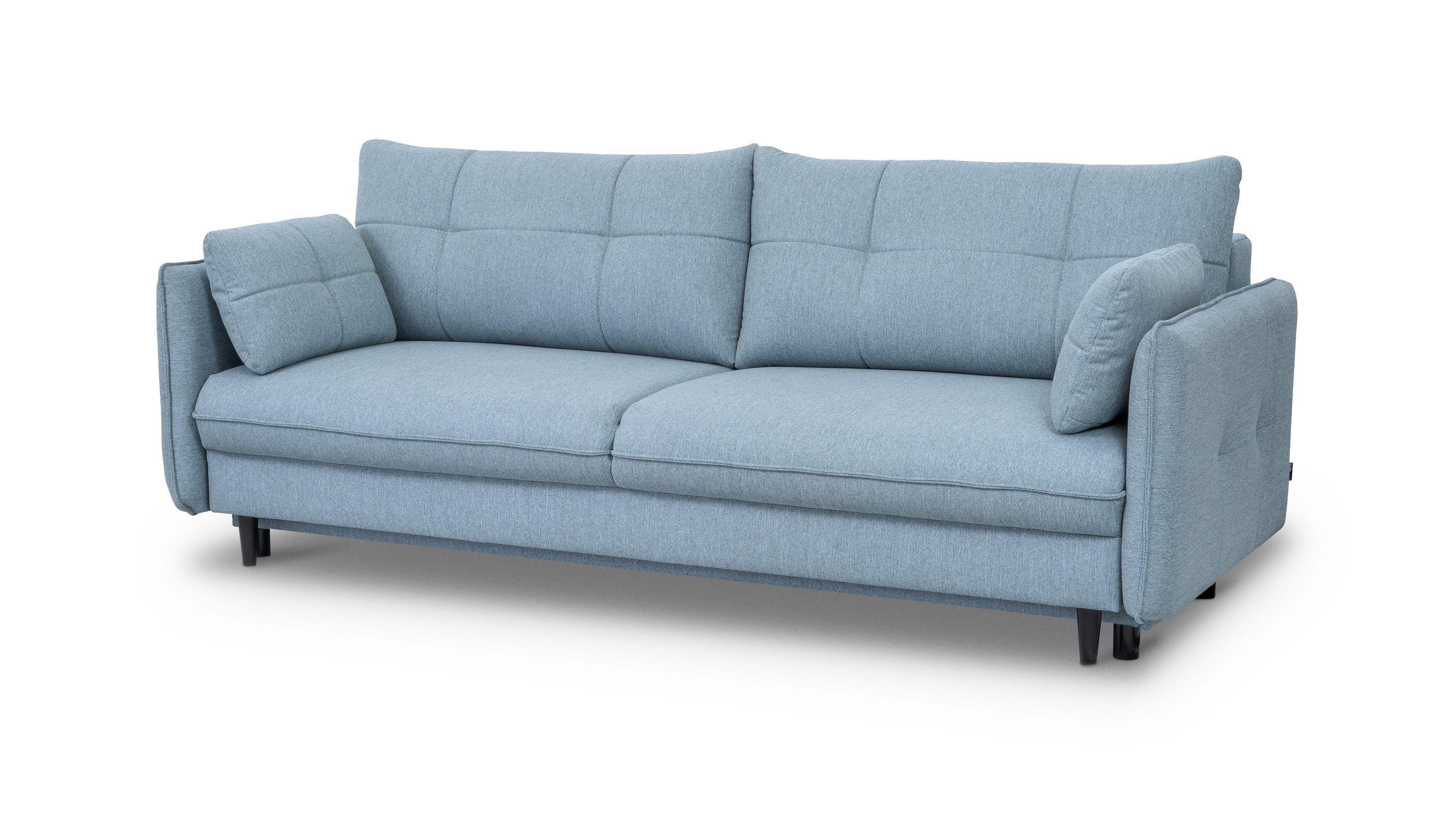 - elegantes - bequemes Das Sofa Sofa Arria mit - Dreisitzer-Sofa Blau 3-Sitzer Siblo Schlaffunktion - Wohnzimmer Bettzeugbehälter