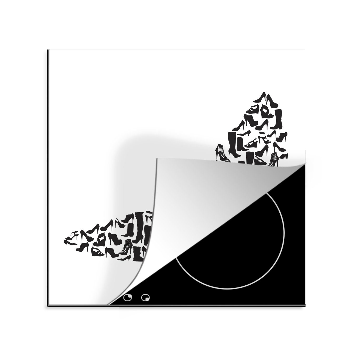 MuchoWow Herdblende-/Abdeckplatte Illustration eines schwarz-weißen Absatzes, der aus verschiedenen, Vinyl, (1 tlg), 78x78 cm, Ceranfeldabdeckung, Arbeitsplatte für küche
